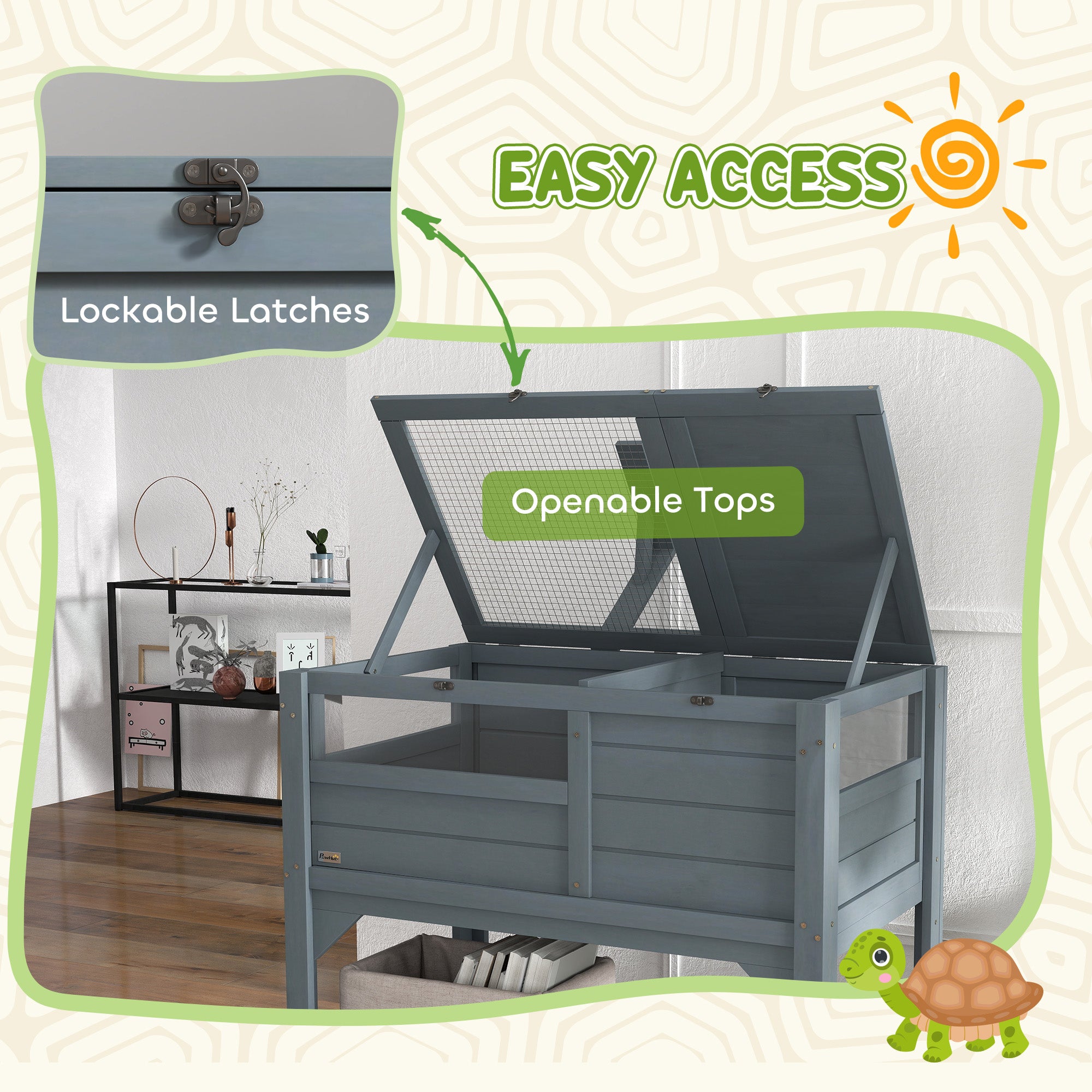 PawHut Wooden Tortoise House Habitat with Shelf, Tortoise Enclosure for Small Animals with Light Support Frame, Reptile Cage with Tray for Indoor Use, 33" L x 20" W x 41" H