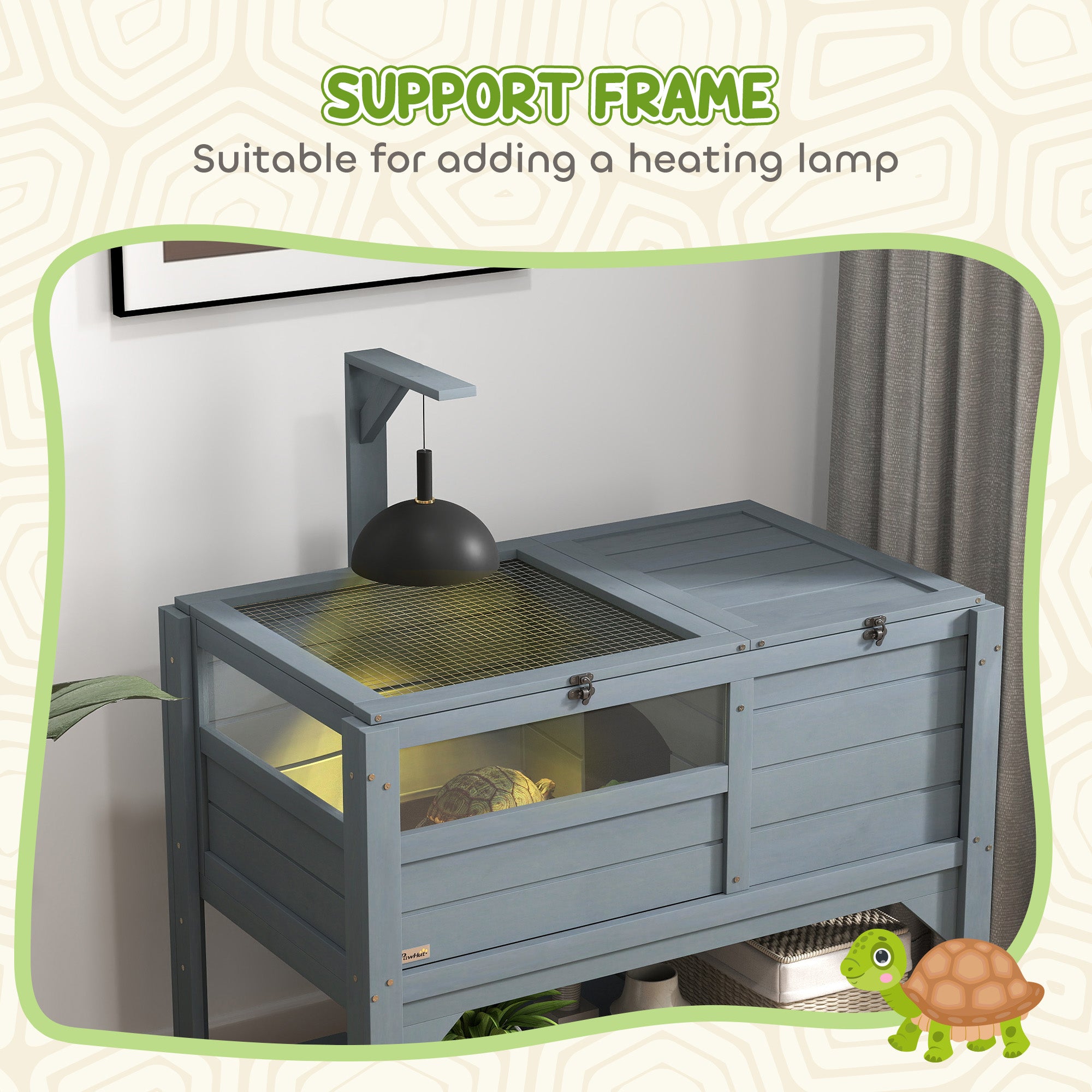 PawHut Wooden Tortoise House Habitat with Shelf, Tortoise Enclosure for Small Animals with Light Support Frame, Reptile Cage with Tray for Indoor Use, 33" L x 20" W x 41" H