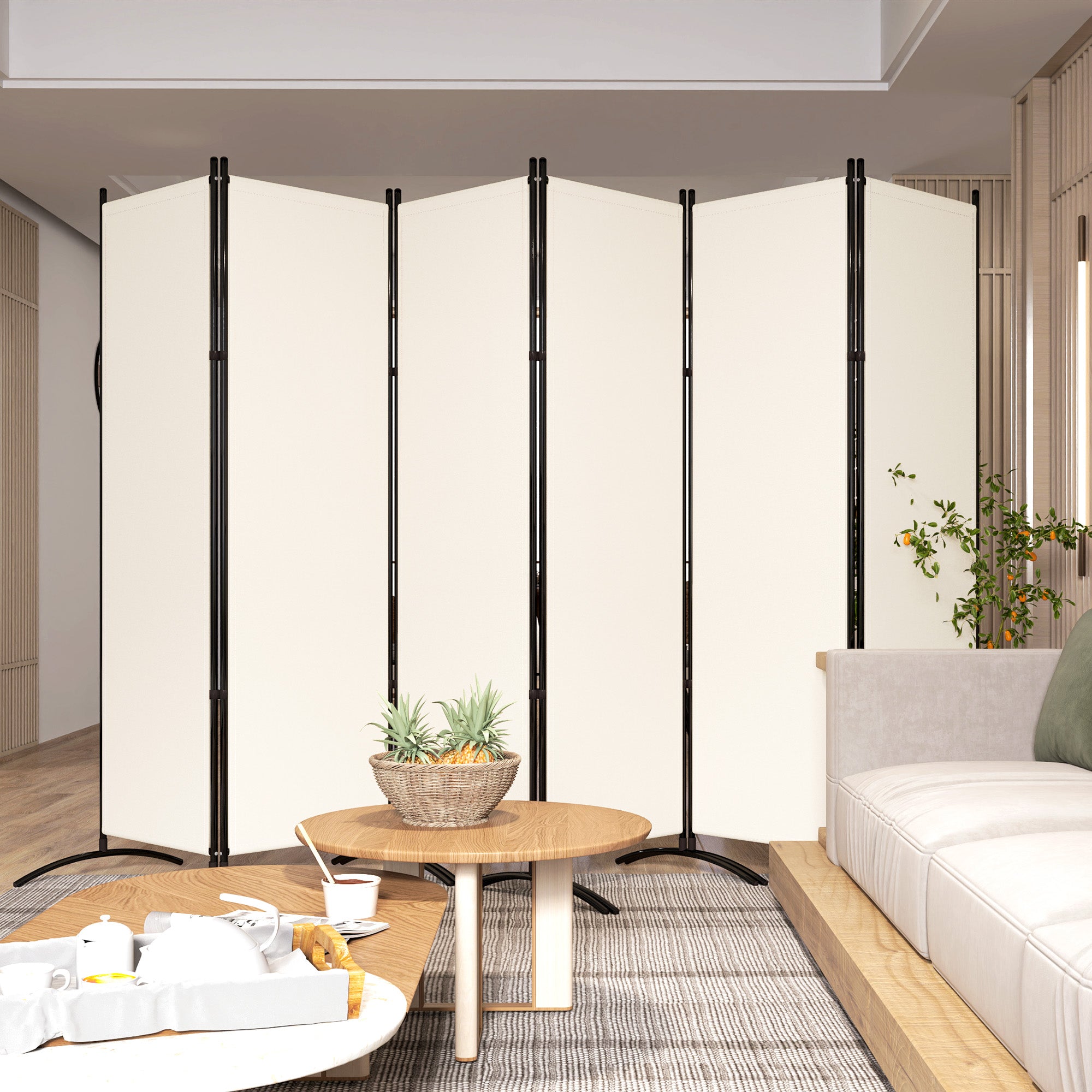 Outsunny 6 Panel Folding Outdoor Privacy Screen, 5.7FT Tall Room Divider with UV30+ Protection, Freestanding Privacy Panel Partition with Stable Base for Indoor Outdoor, Beige