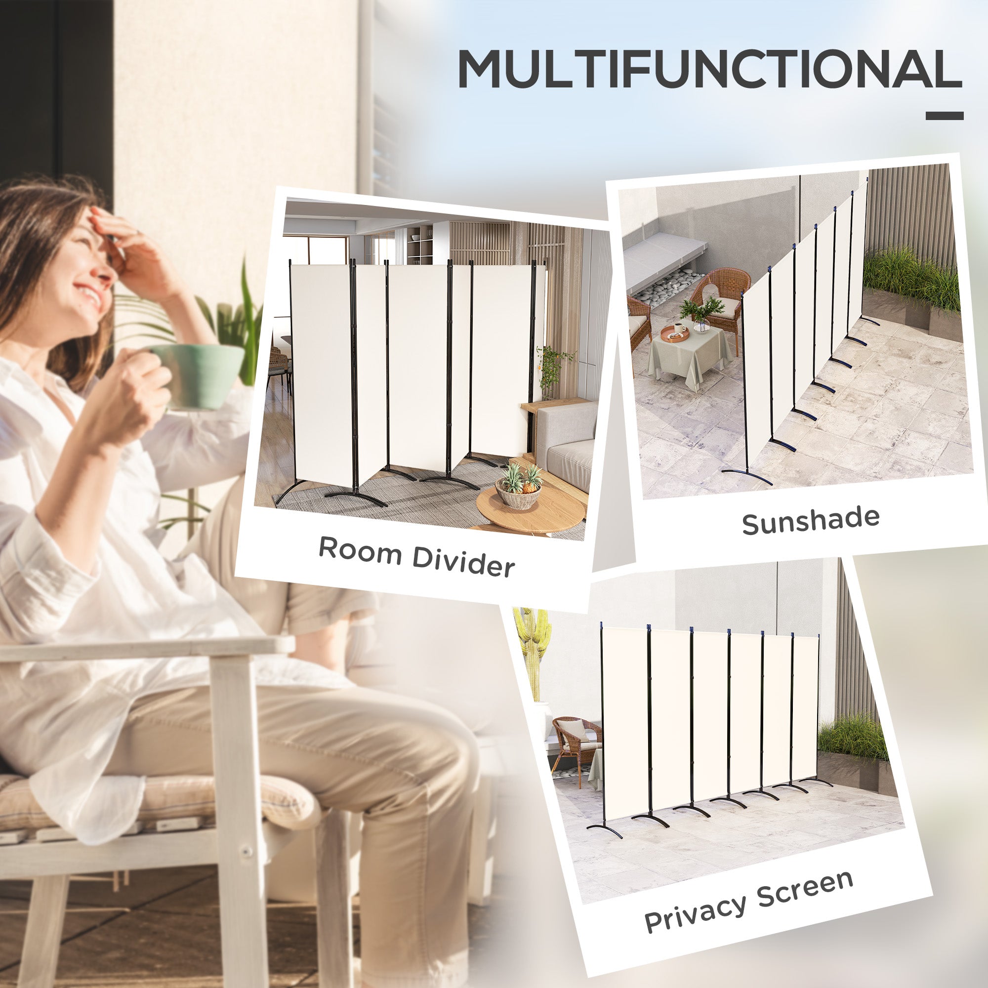 Outsunny 6 Panel Folding Outdoor Privacy Screen, 5.7FT Tall Room Divider with UV30+ Protection, Freestanding Privacy Panel Partition with Stable Base for Indoor Outdoor, Beige