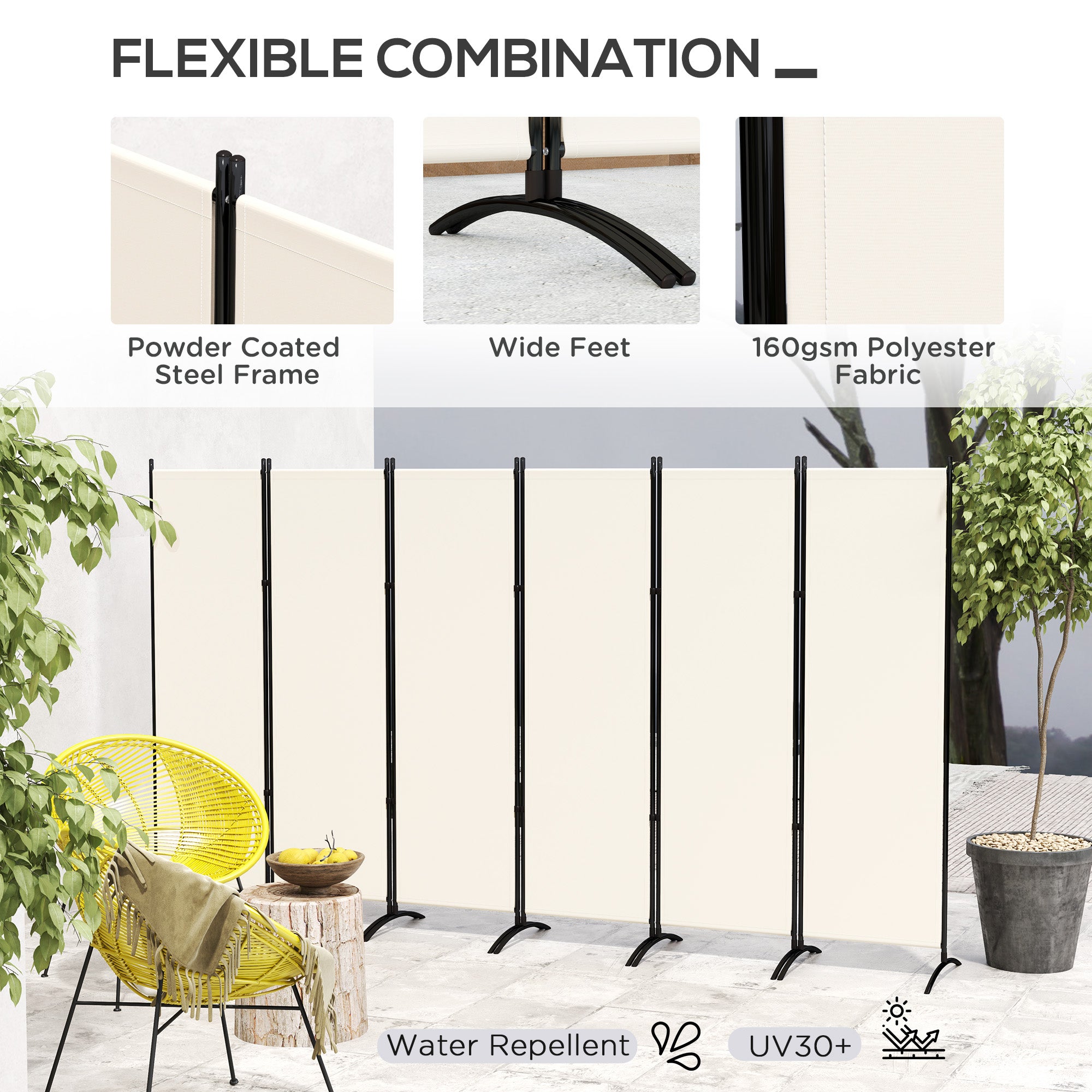 Outsunny 6 Panel Folding Outdoor Privacy Screen, 5.7FT Tall Room Divider with UV30+ Protection, Freestanding Privacy Panel Partition with Stable Base for Indoor Outdoor, Beige