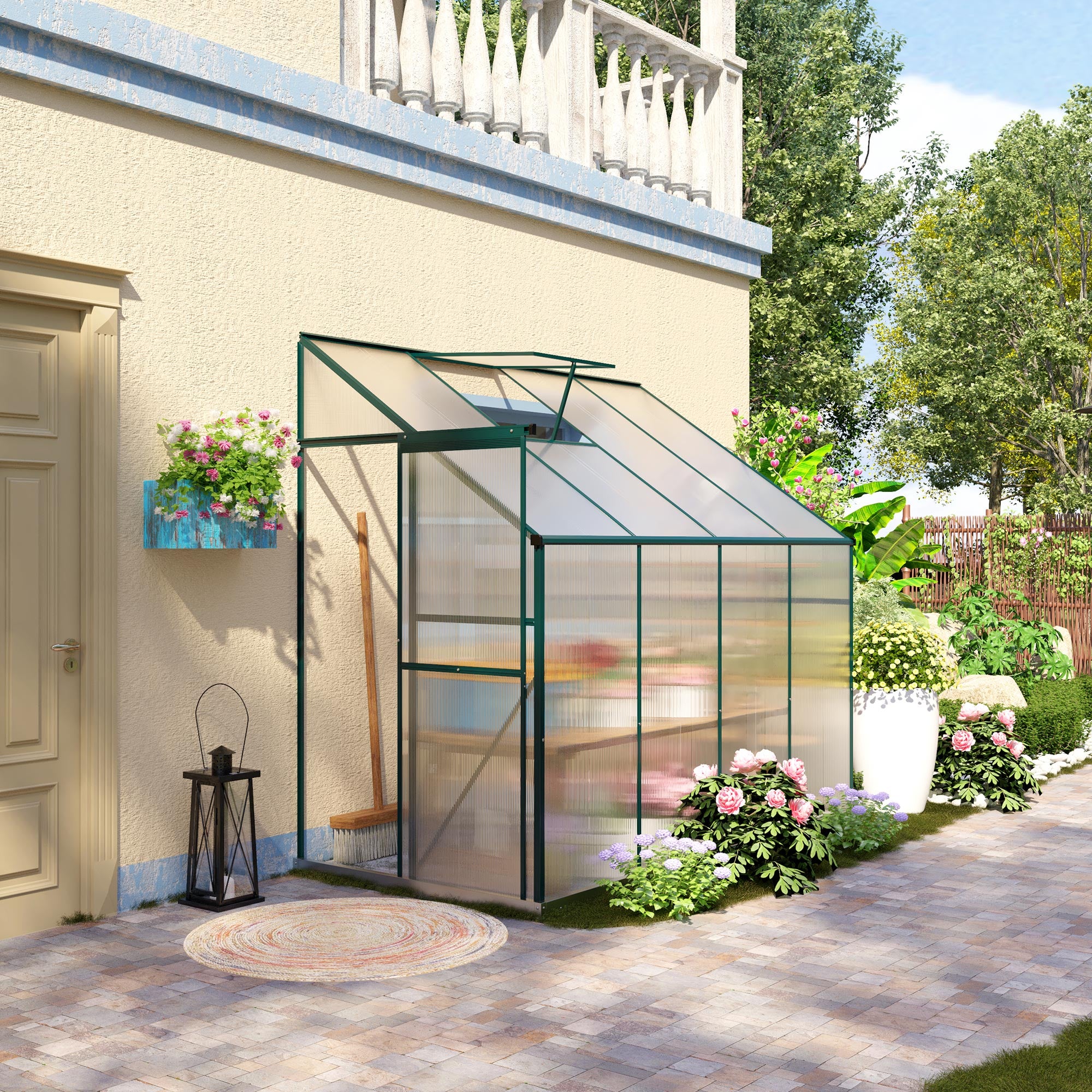Outsunny Lean-to Greenhouse Walk-in Garden Aluminum Polycarbonate with Roof Vent for Plants Herbs Vegetables 8' x 4' x 7' Green