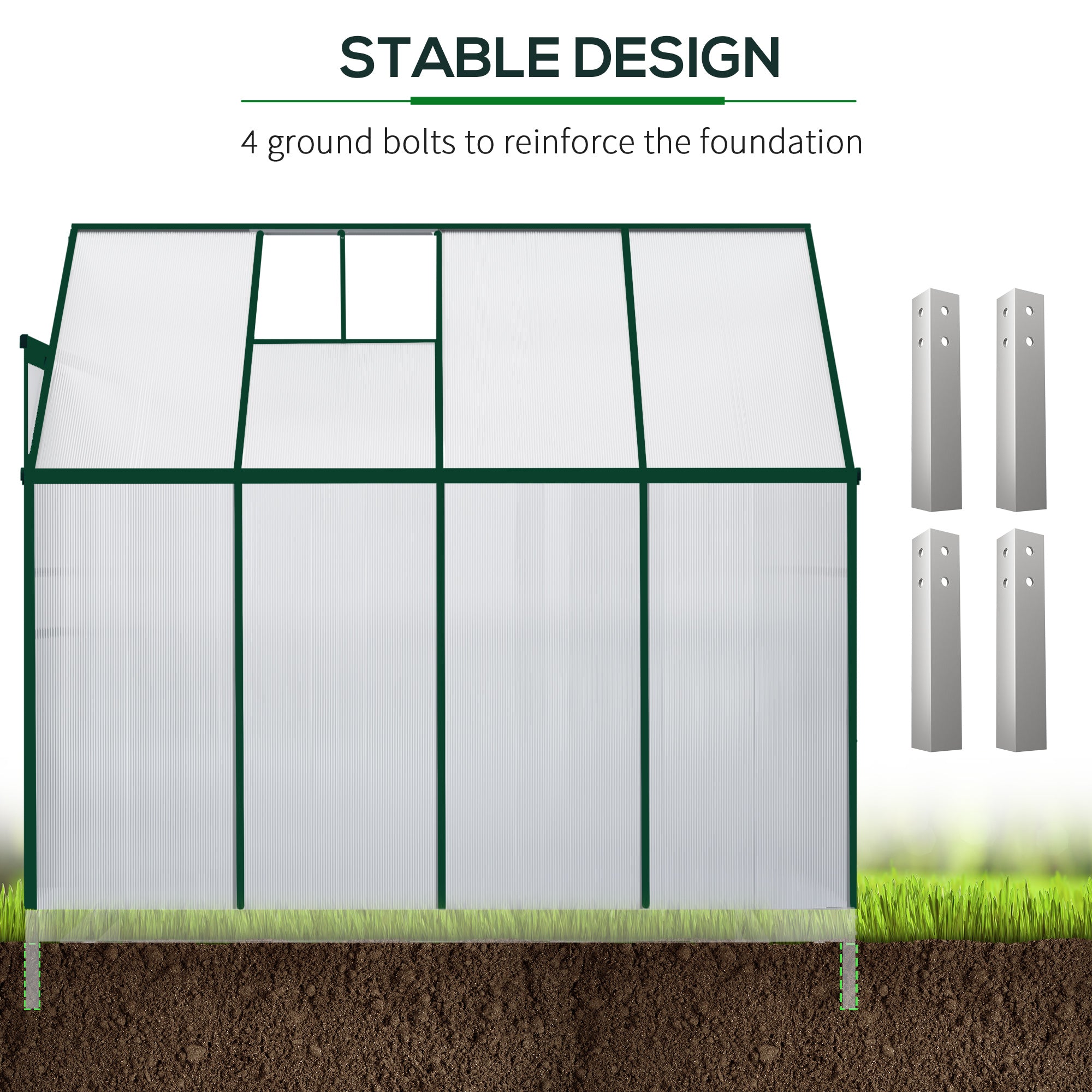 Outsunny Lean-to Greenhouse Walk-in Garden Aluminum Polycarbonate with Roof Vent for Plants Herbs Vegetables 8' x 4' x 7' Green