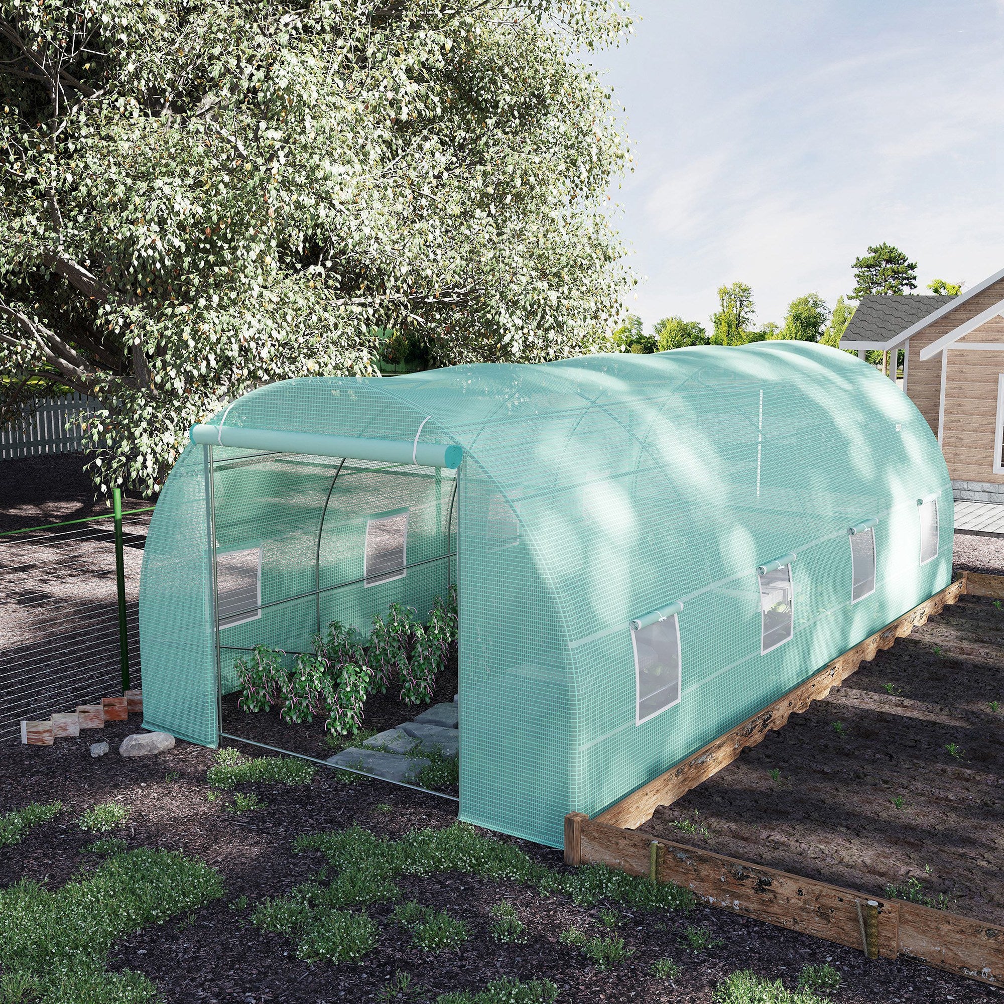 Outsunny 20x10x7ft Heavy Duty Walk-in Greenhouse Outdoor Backyard Seed Plant Vegetables Growing Warm House Flower Polytunnel Shelter Green