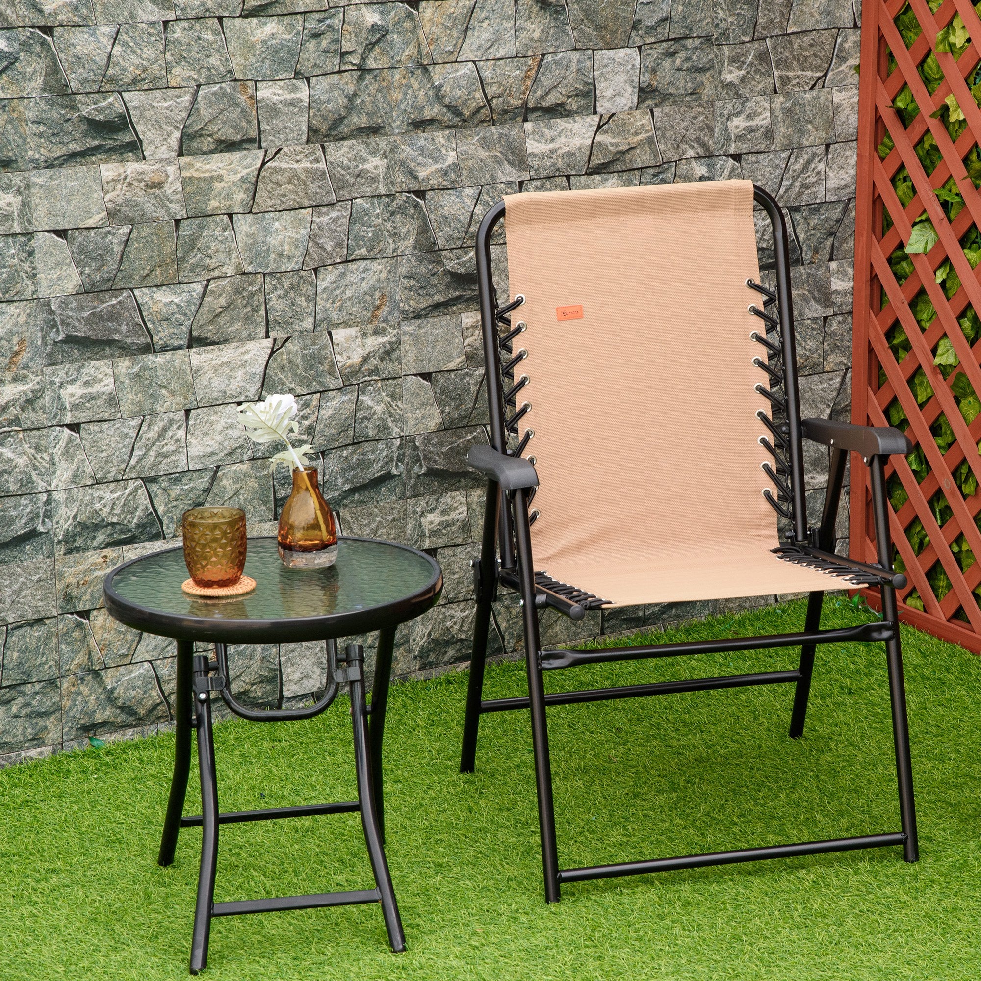 Outsunny Outdoor Folding Chair, Bungee Sling Foldable Chair with Armrests, Folding Lawn Chair for Camping, Garden, Pool, Beach, Backyard, Beige