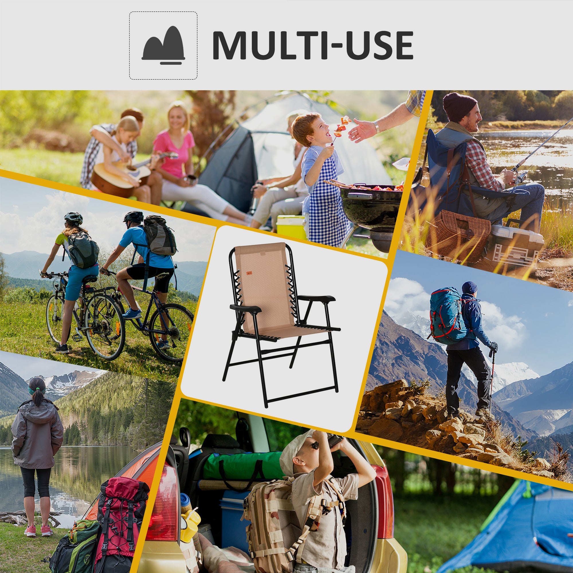 Outsunny Outdoor Folding Chair, Bungee Sling Foldable Chair with Armrests, Folding Lawn Chair for Camping, Garden, Pool, Beach, Backyard, Beige