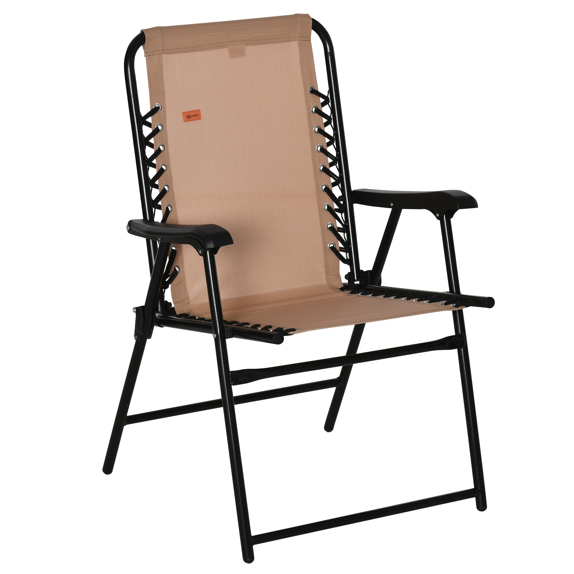 Outsunny Outdoor Folding Chair, Bungee Sling Foldable Chair with Armrests, Folding Lawn Chair for Camping, Garden, Pool, Beach, Backyard, Beige