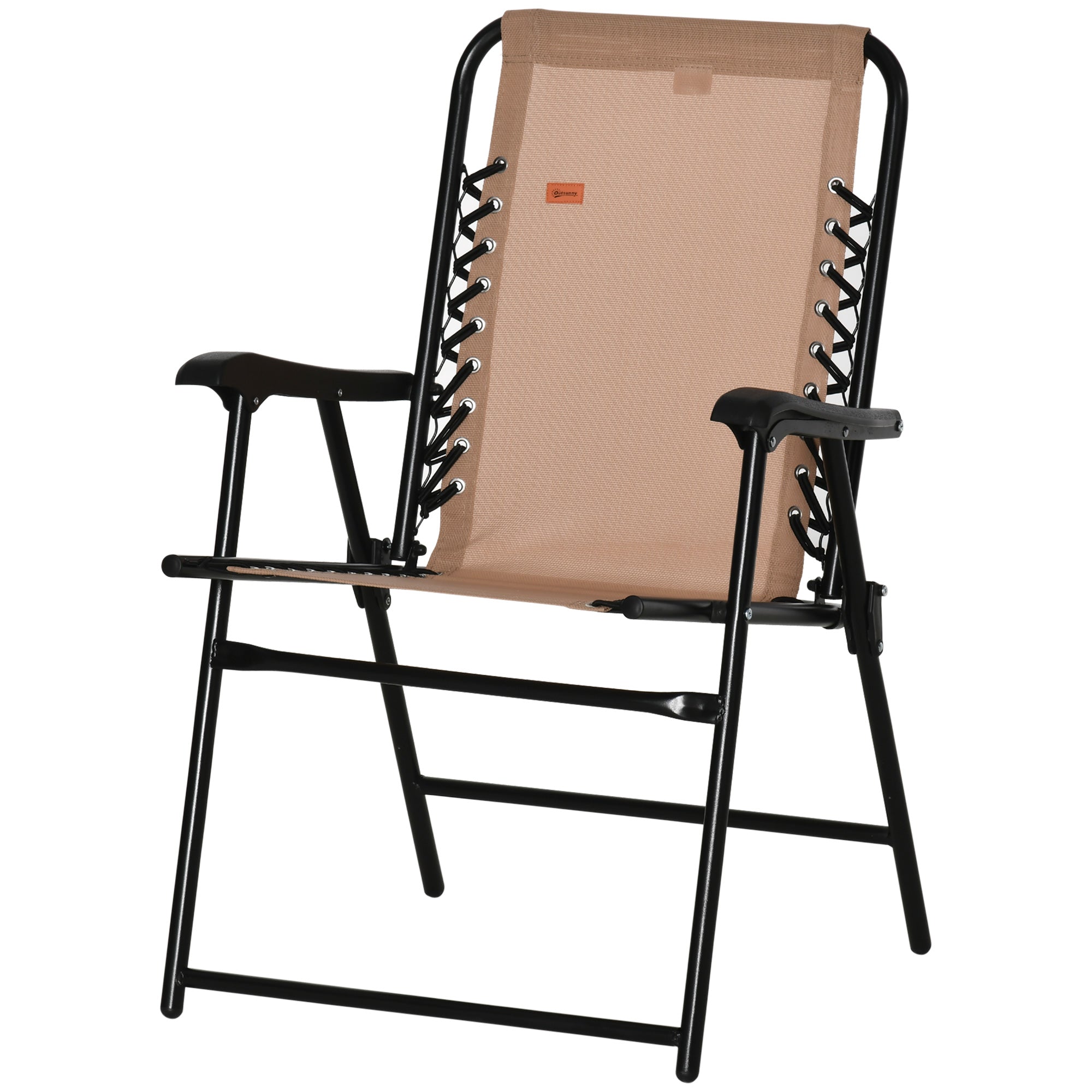 Outsunny Outdoor Folding Chair, Bungee Sling Foldable Chair with Armrests, Folding Lawn Chair for Camping, Garden, Pool, Beach, Backyard, Beige