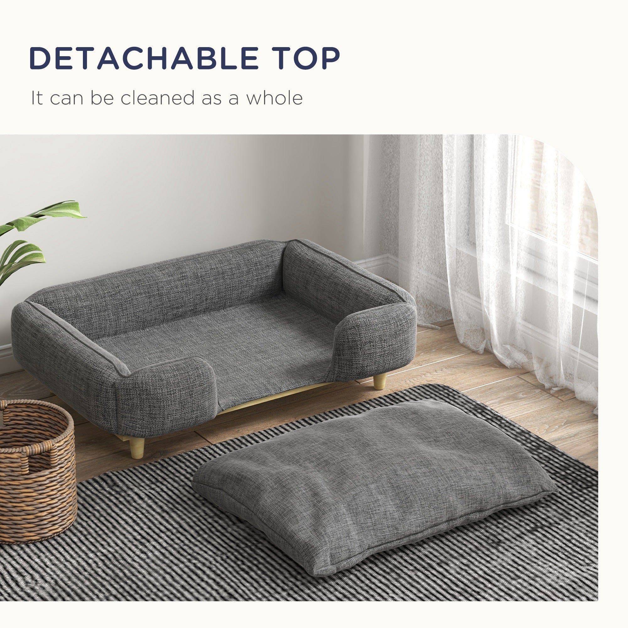 PawHut Dog Sofa, Elevated Dog Couch for Large Dogs, Removable Washable Pet Sofa Cat Bed with Anti-slip Foot Pads, Dark Grey