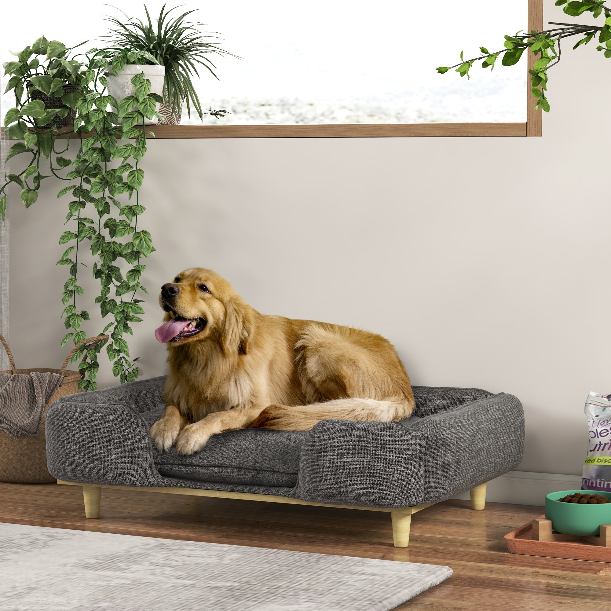 PawHut Dog Sofa, Elevated Dog Couch for Large Dogs, Removable Washable Pet Sofa Cat Bed with Anti-slip Foot Pads, Dark Grey