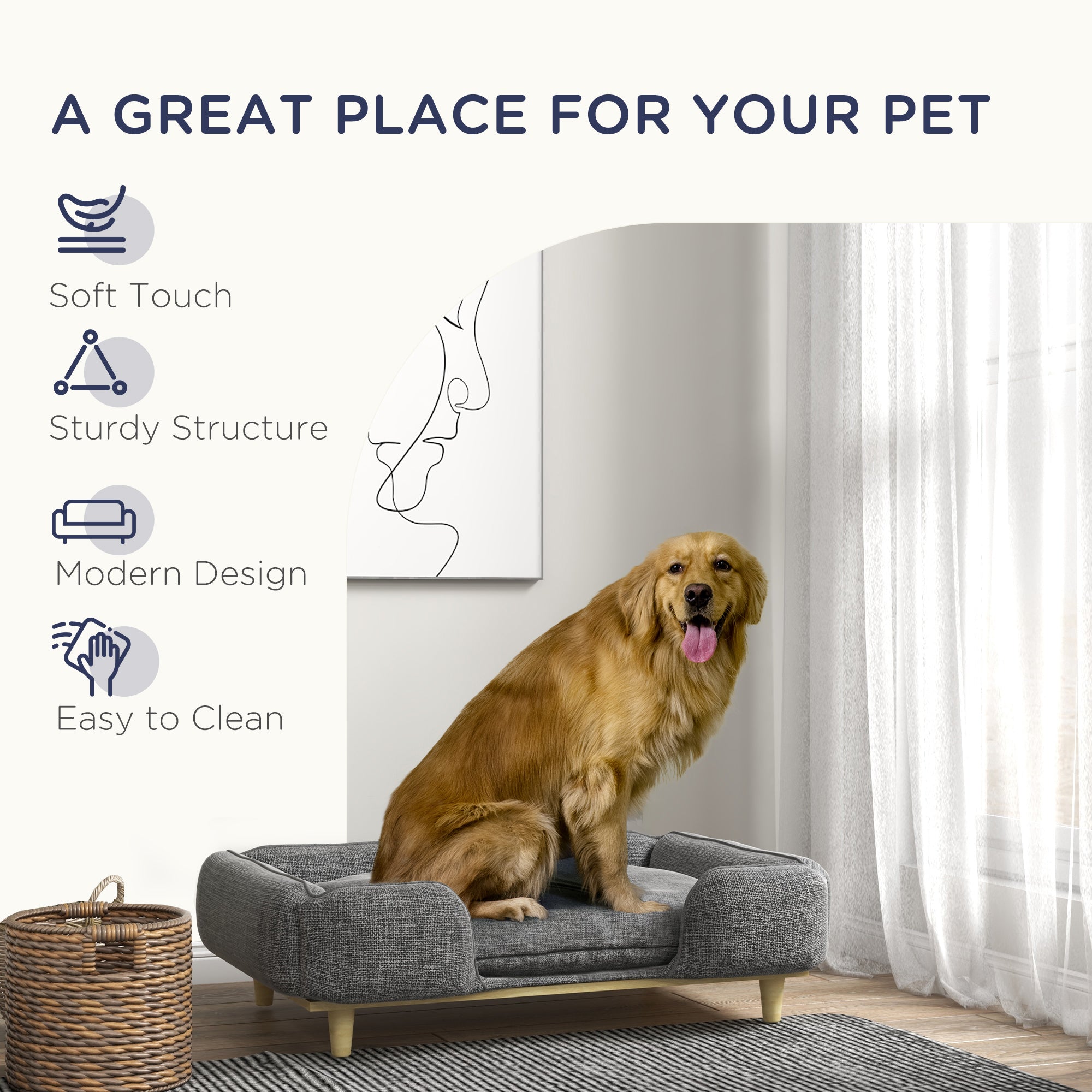 PawHut Dog Sofa, Elevated Dog Couch for Large Dogs, Removable Washable Pet Sofa Cat Bed with Anti-slip Foot Pads, Dark Grey