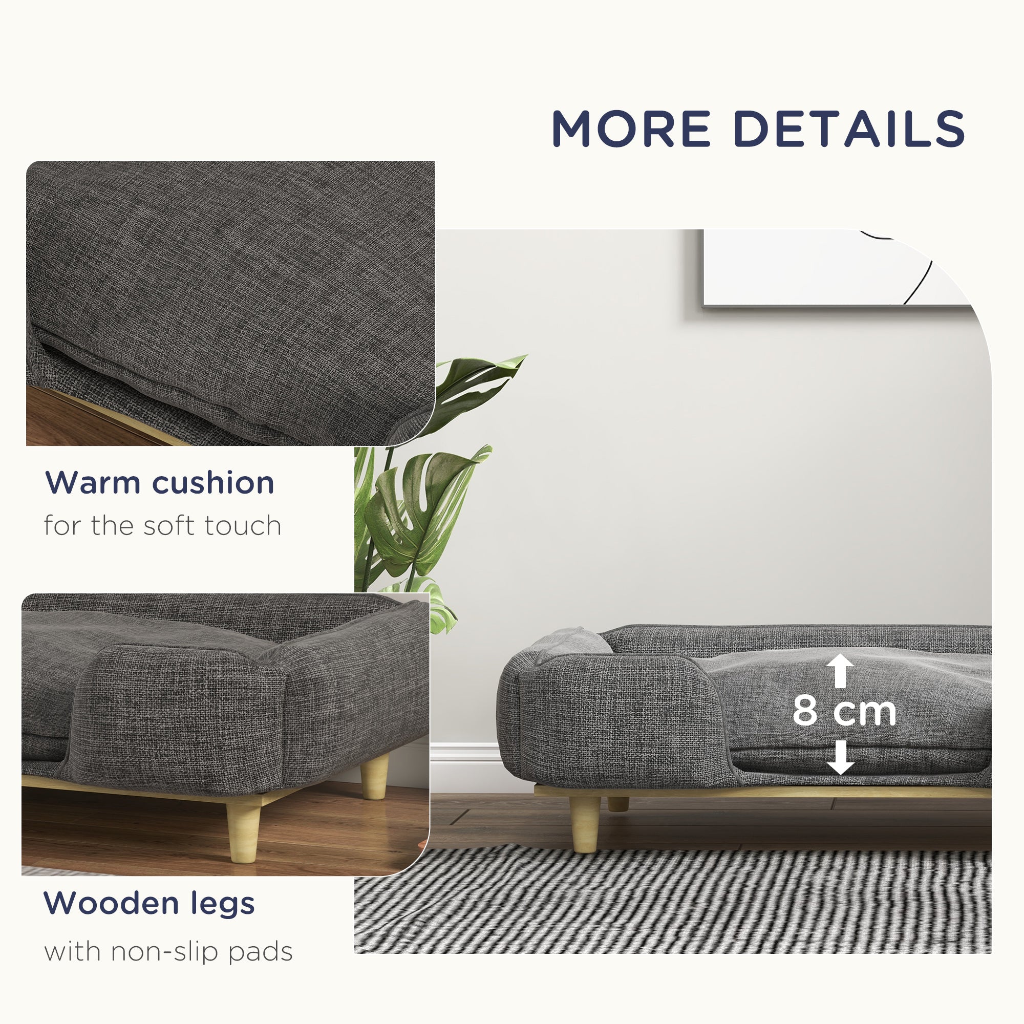 PawHut Dog Sofa, Elevated Dog Couch for Large Dogs, Removable Washable Pet Sofa Cat Bed with Anti-slip Foot Pads, Dark Grey