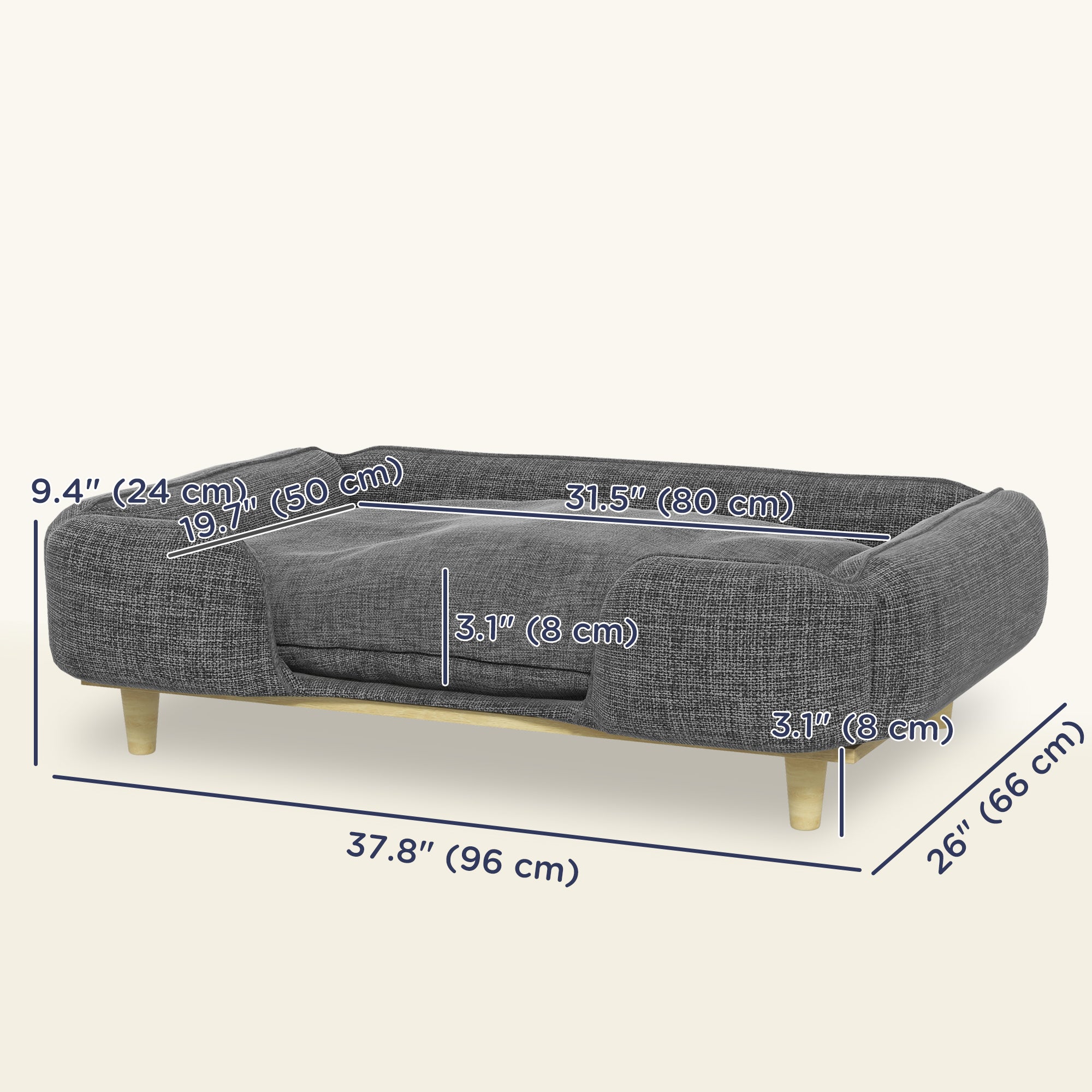 PawHut Dog Sofa, Elevated Dog Couch for Large Dogs, Removable Washable Pet Sofa Cat Bed with Anti-slip Foot Pads, Dark Grey