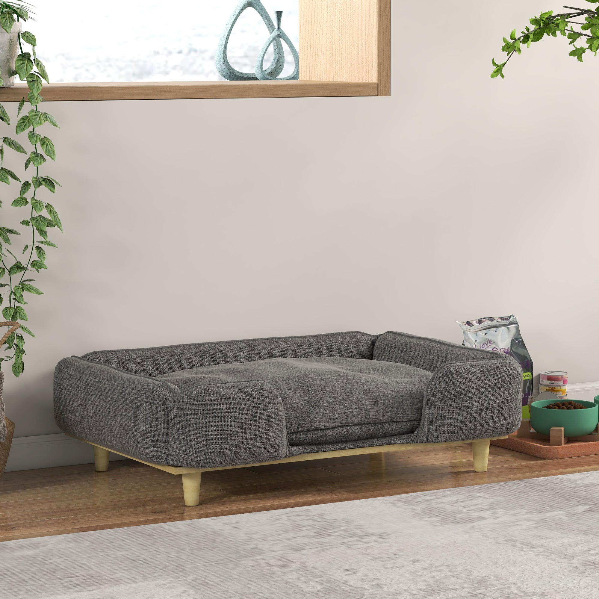 PawHut Dog Sofa, Elevated Dog Couch for Large Dogs, Removable Washable Pet Sofa Cat Bed with Anti-slip Foot Pads, Dark Grey