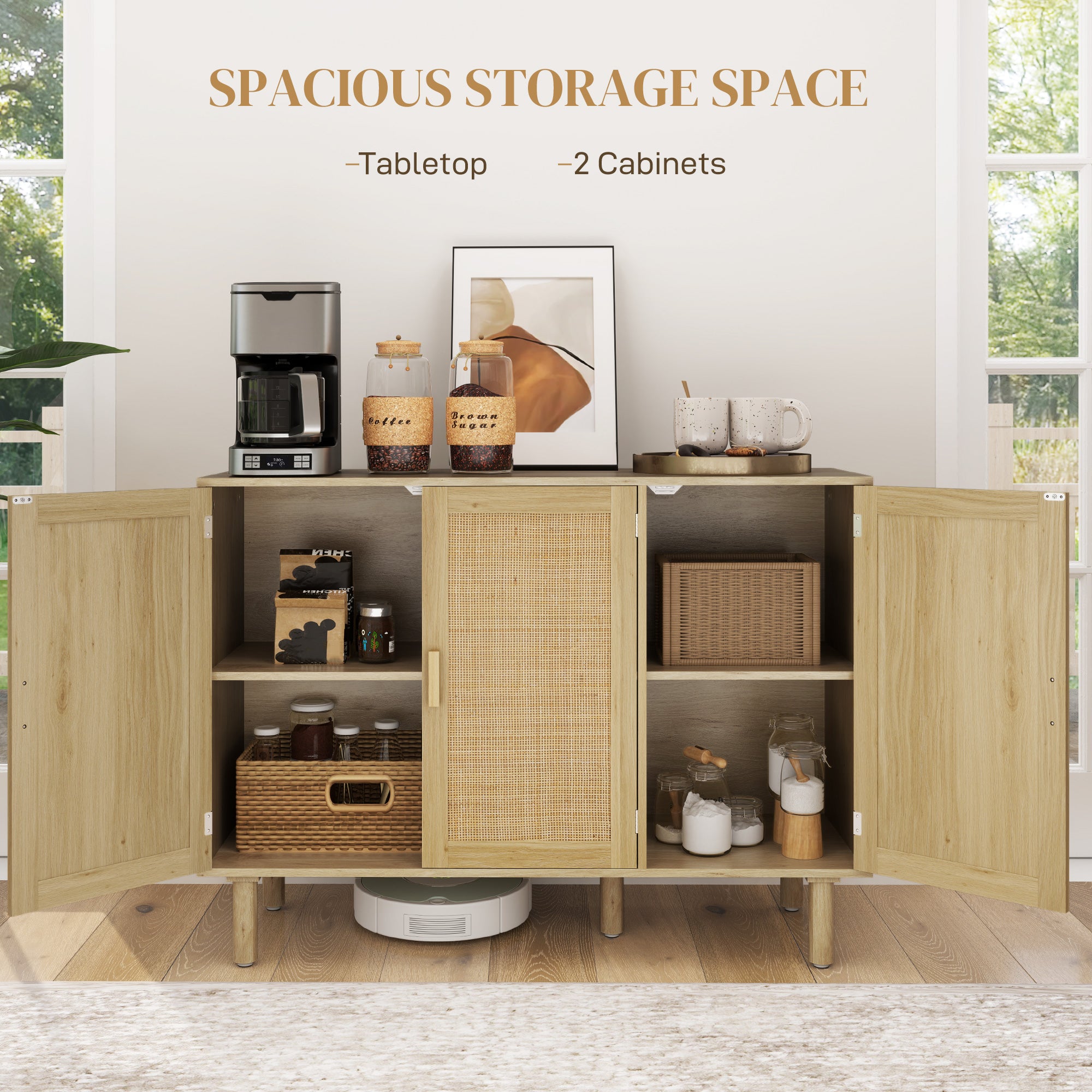 HOMCOM Boho Sideboard, 46.9" Buffet Cabinet with 3 Decorative Rattan Doors and Solid Wood Legs, Coffee Bar Cabinet with Shelves for Living Room, Hallway, Oak