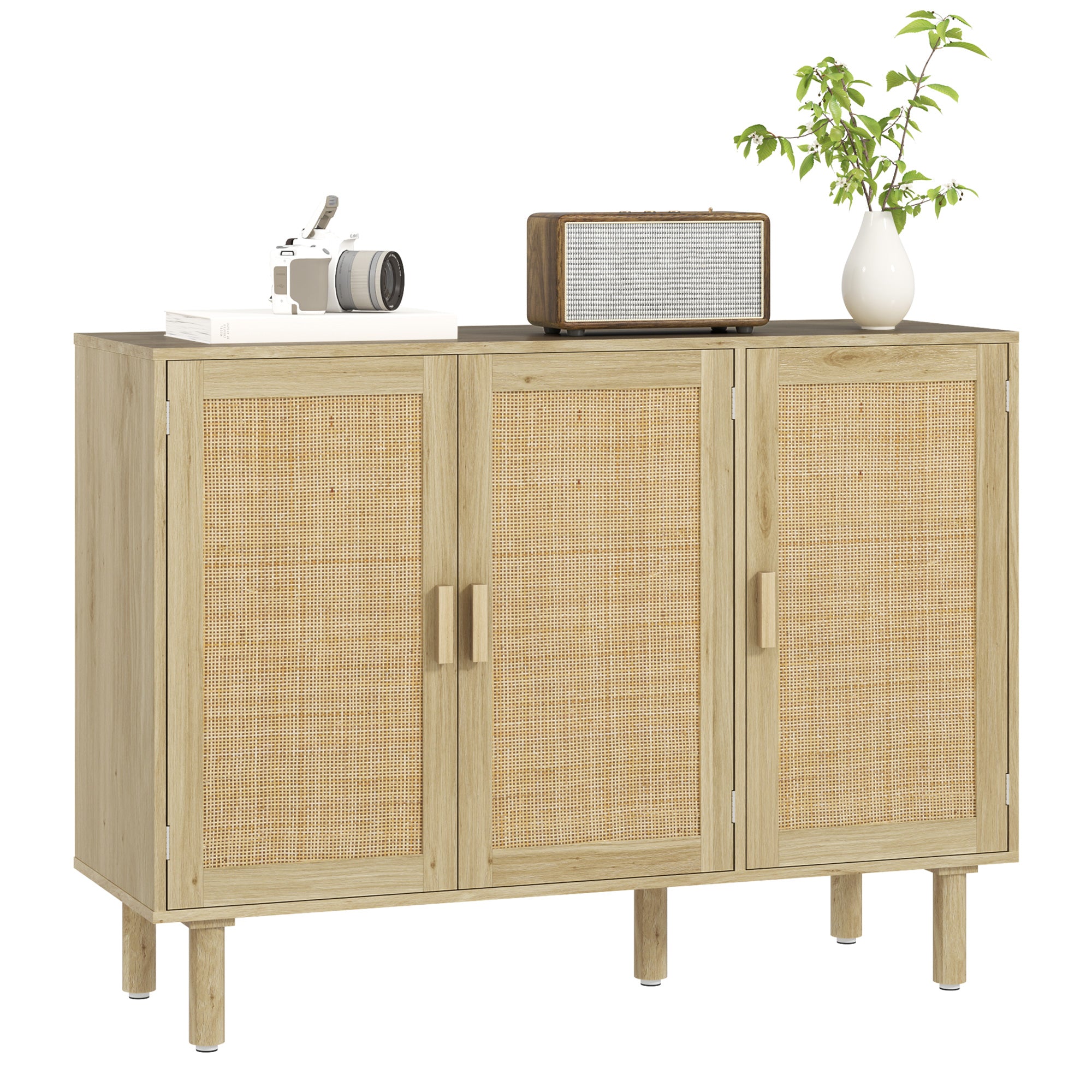 HOMCOM Boho Sideboard, 46.9" Buffet Cabinet with 3 Decorative Rattan Doors and Solid Wood Legs, Coffee Bar Cabinet with Shelves for Living Room, Hallway, Oak