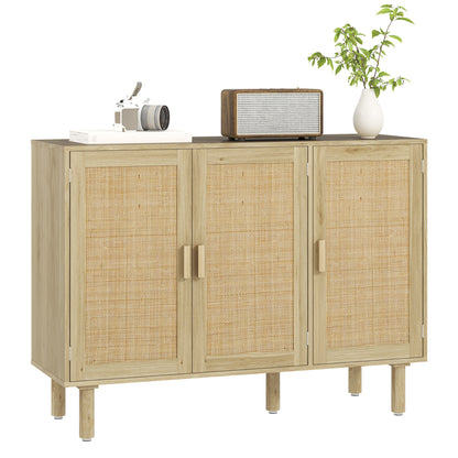 HOMCOM Boho Sideboard, 46.9" Buffet Cabinet with 3 Decorative Rattan Doors and Solid Wood Legs, Coffee Bar Cabinet with Shelves for Living Room, Hallway, Oak