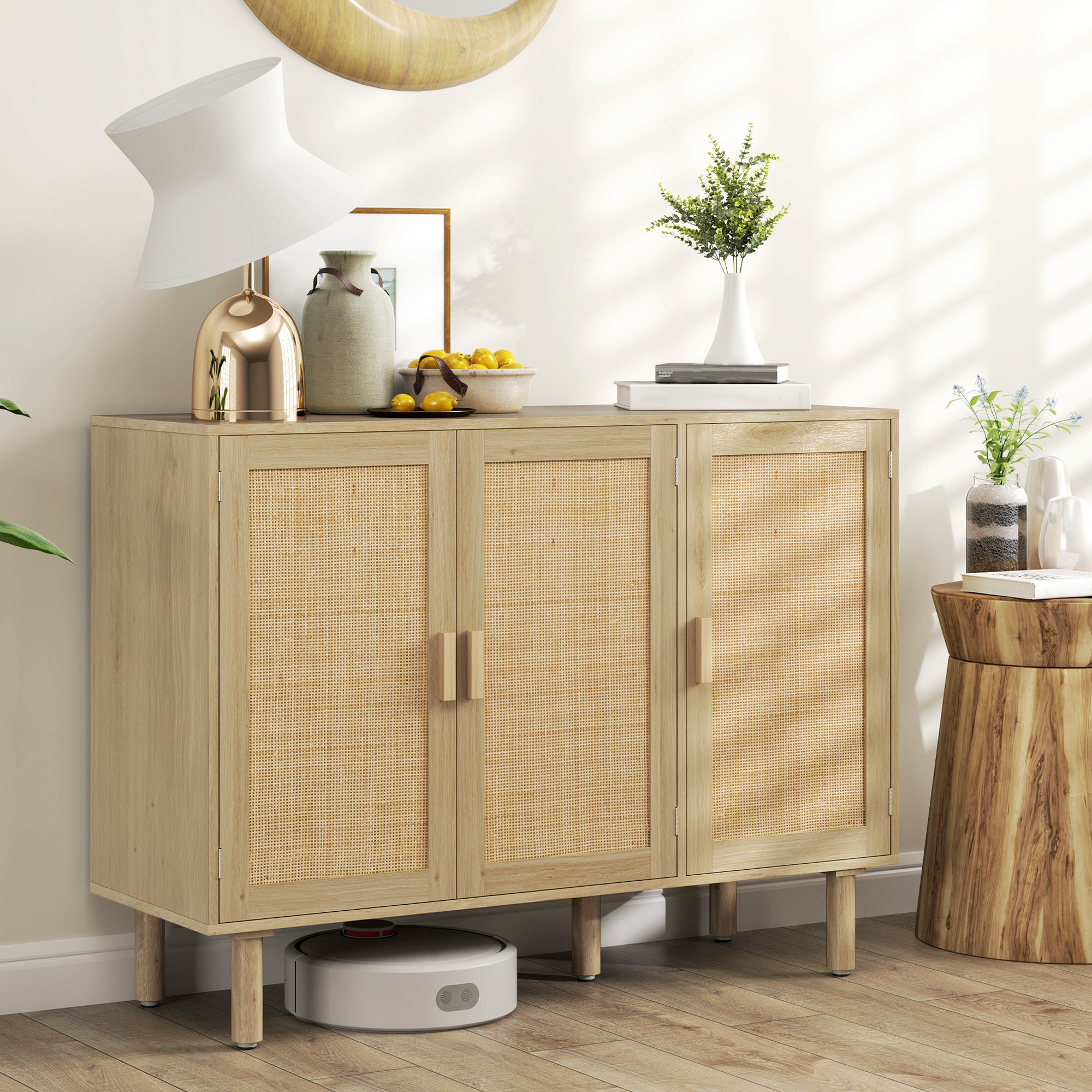 HOMCOM Boho Sideboard, 46.9" Buffet Cabinet with 3 Decorative Rattan Doors and Solid Wood Legs, Coffee Bar Cabinet with Shelves for Living Room, Hallway, Oak