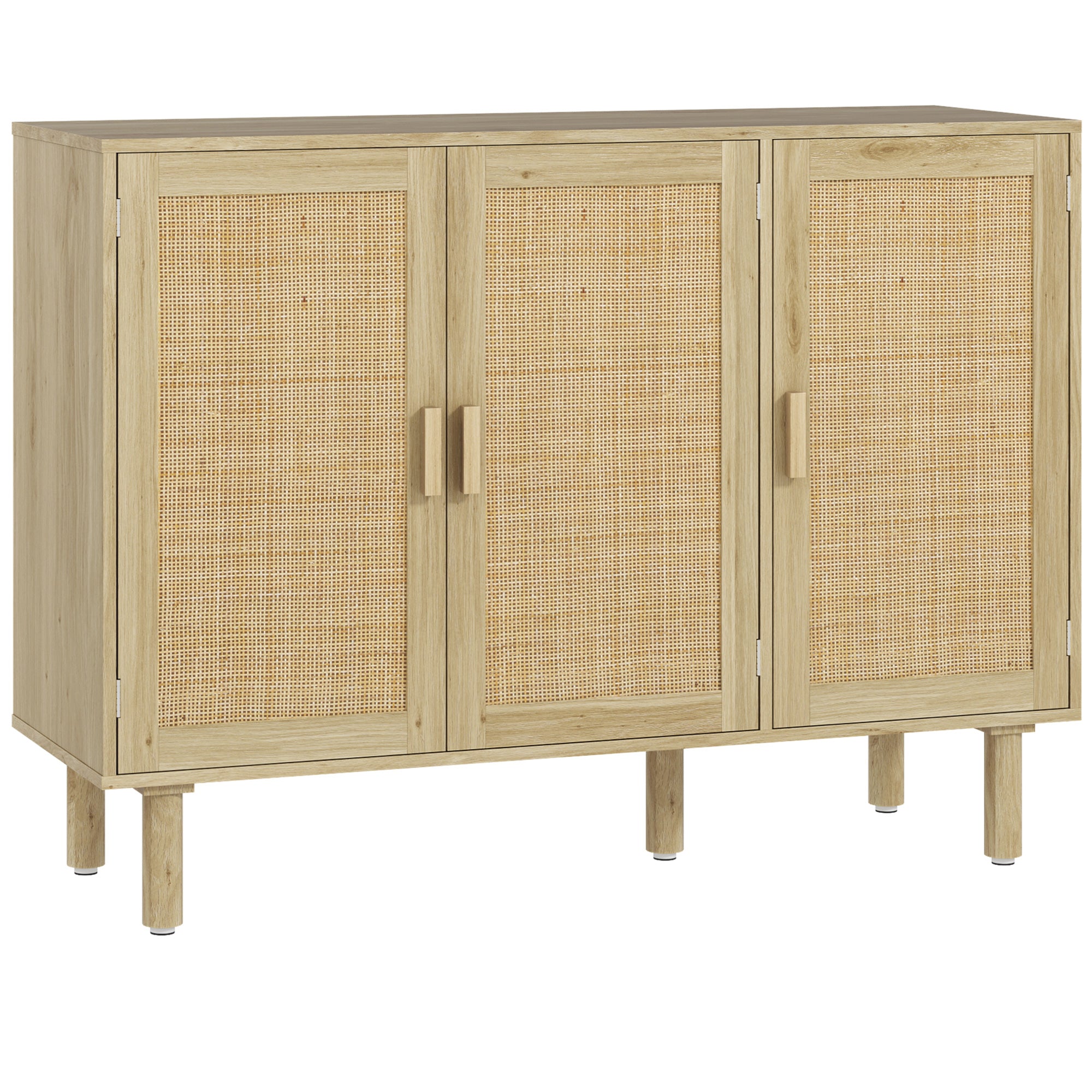 HOMCOM Boho Sideboard, 46.9" Buffet Cabinet with 3 Decorative Rattan Doors and Solid Wood Legs, Coffee Bar Cabinet with Shelves for Living Room, Hallway, Oak