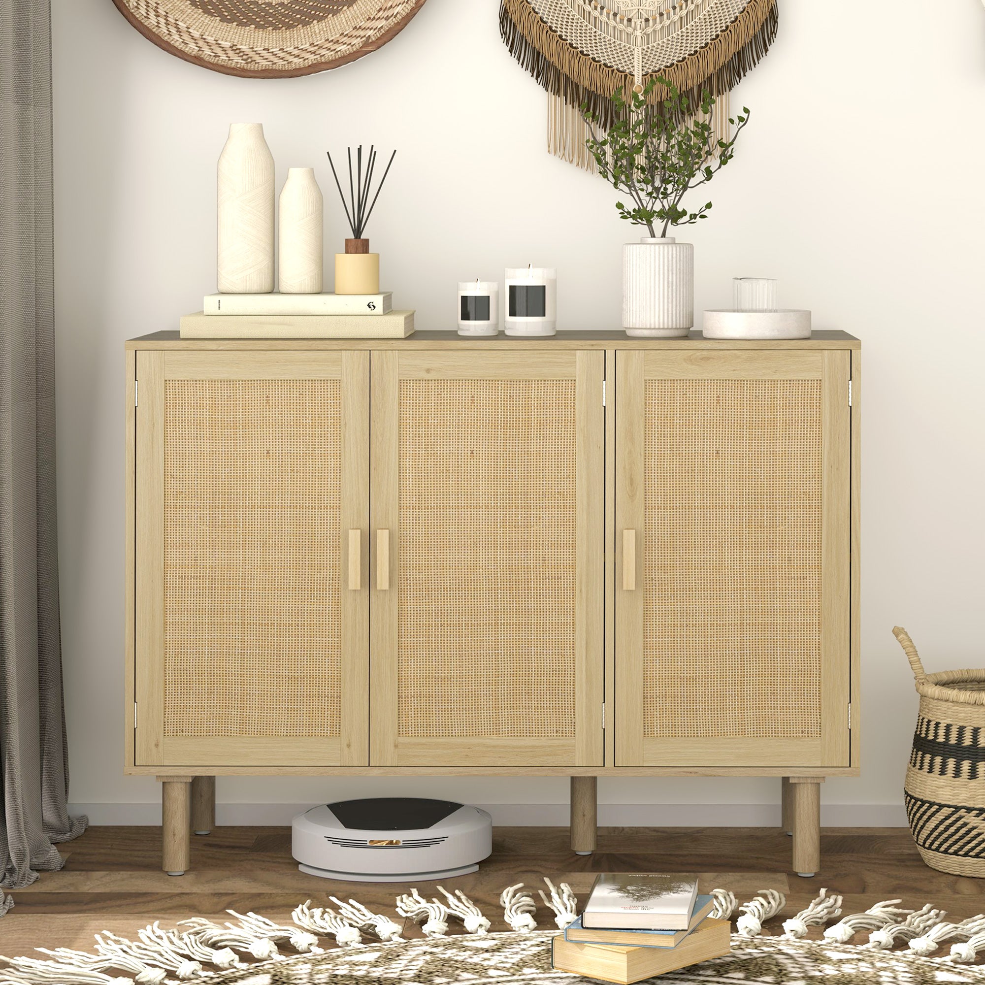 HOMCOM Boho Sideboard, 46.9" Buffet Cabinet with 3 Decorative Rattan Doors and Solid Wood Legs, Coffee Bar Cabinet with Shelves for Living Room, Hallway, Oak