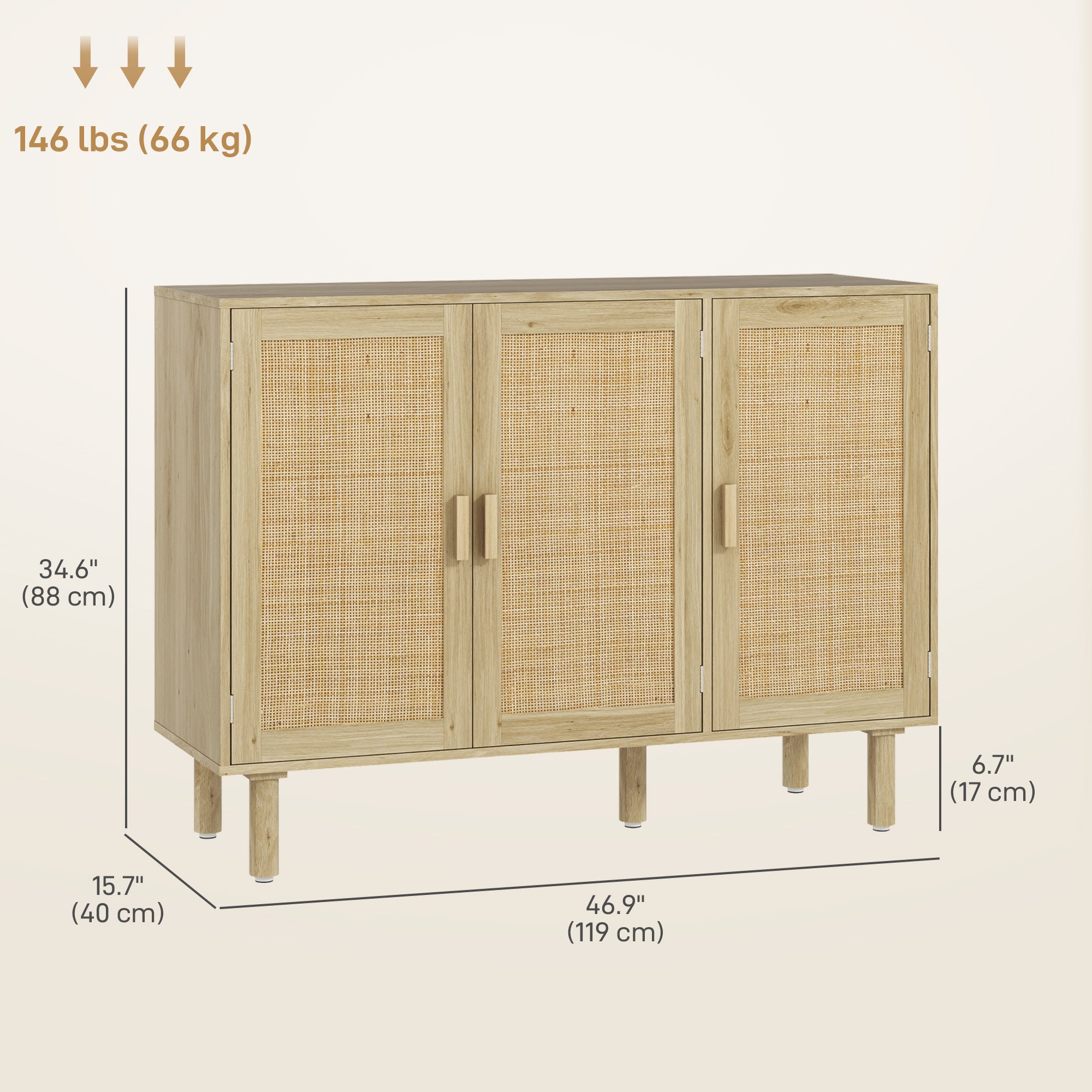 HOMCOM Boho Sideboard, 46.9" Buffet Cabinet with 3 Decorative Rattan Doors and Solid Wood Legs, Coffee Bar Cabinet with Shelves for Living Room, Hallway, Oak