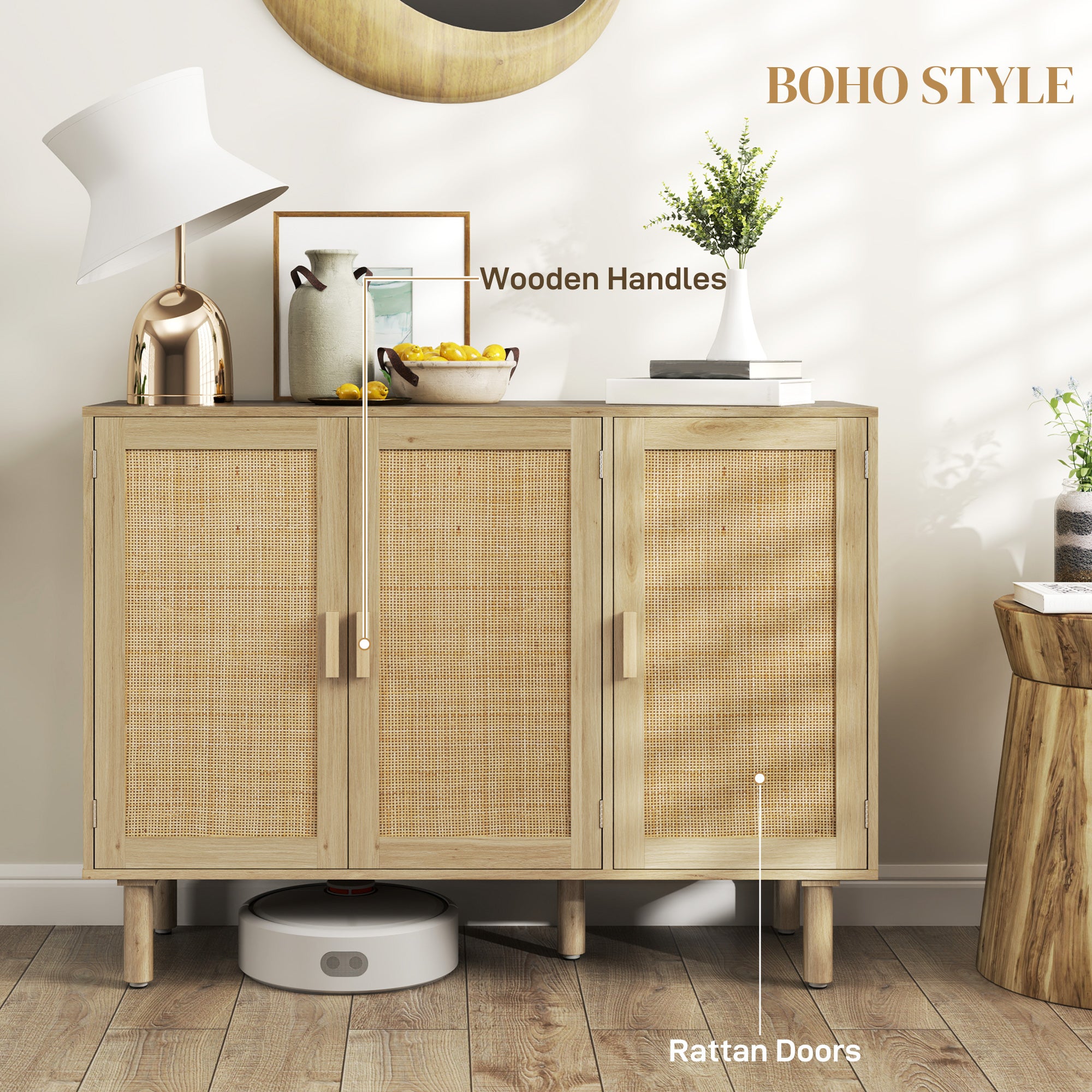 HOMCOM Boho Sideboard, 46.9" Buffet Cabinet with 3 Decorative Rattan Doors and Solid Wood Legs, Coffee Bar Cabinet with Shelves for Living Room, Hallway, Oak