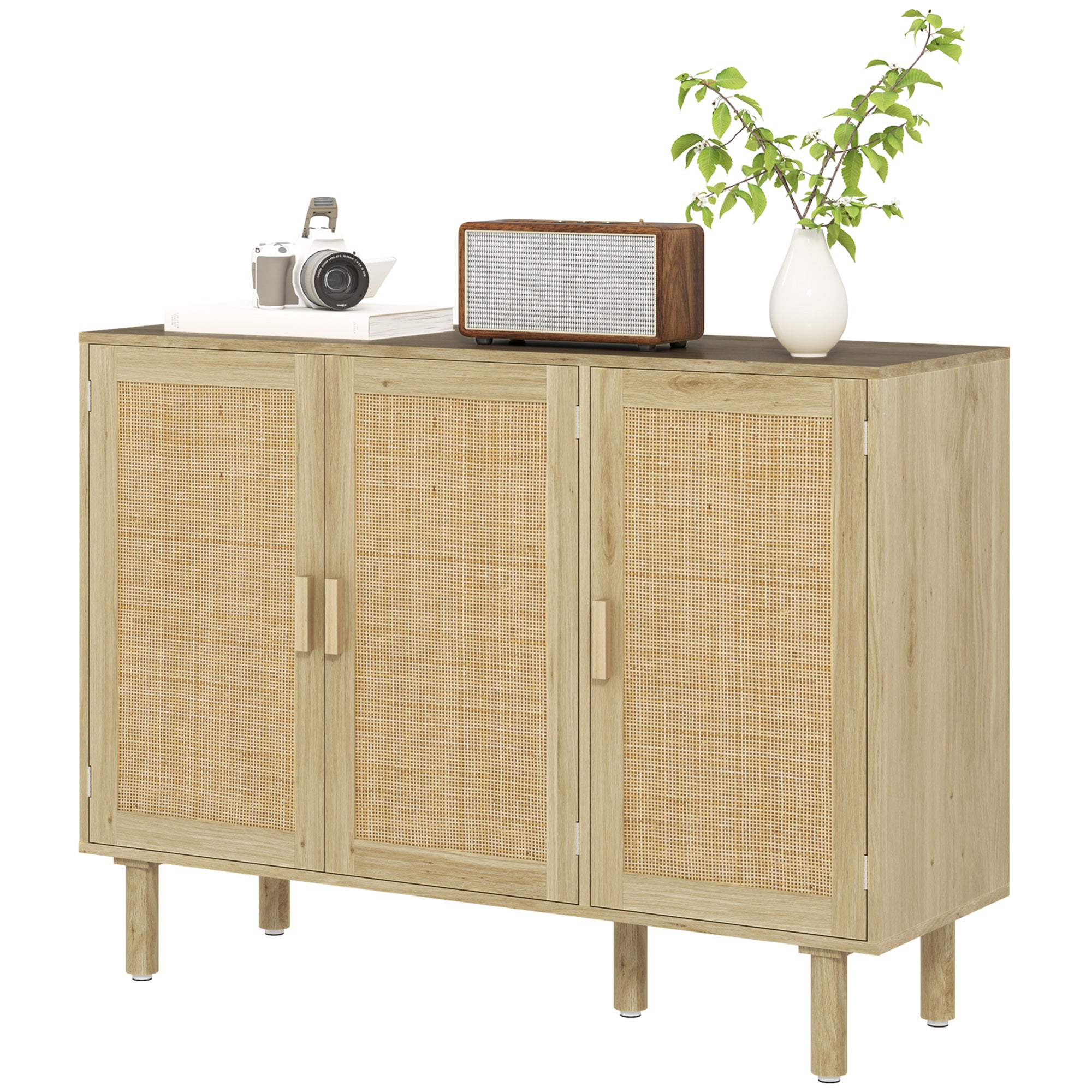 HOMCOM Boho Sideboard, 46.9" Buffet Cabinet with 3 Decorative Rattan Doors and Solid Wood Legs, Coffee Bar Cabinet with Shelves for Living Room, Hallway, Oak
