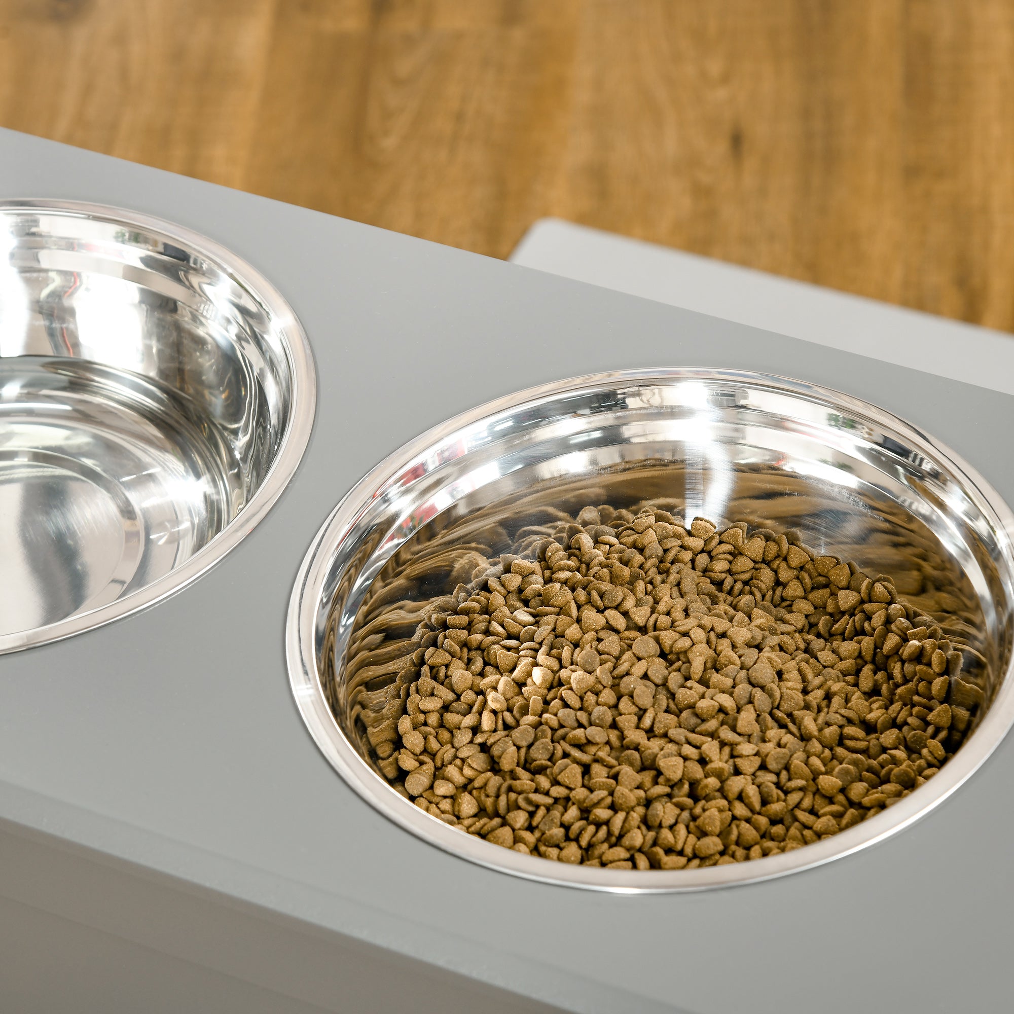 PawHut Elevated Dog Bowls for Large Dogs with Storage Dog Pet Diner Function 2 Stainless Steel Dog Bowls Elevated Base for Big-sized Dogs and Other Large Pets, Grey