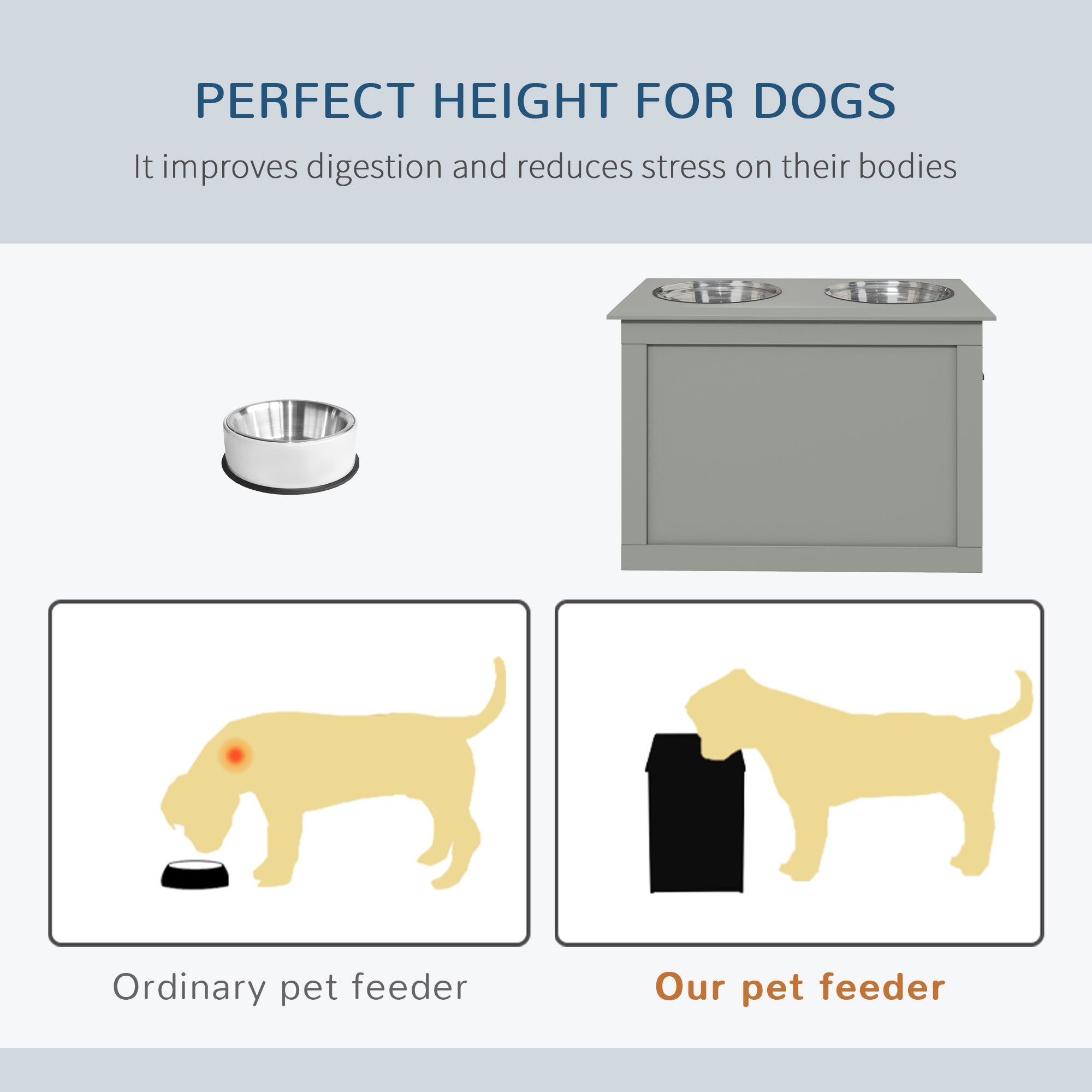 PawHut Elevated Dog Bowls for Large Dogs with Storage Dog Pet Diner Function 2 Stainless Steel Dog Bowls Elevated Base for Big-sized Dogs and Other Large Pets, Grey