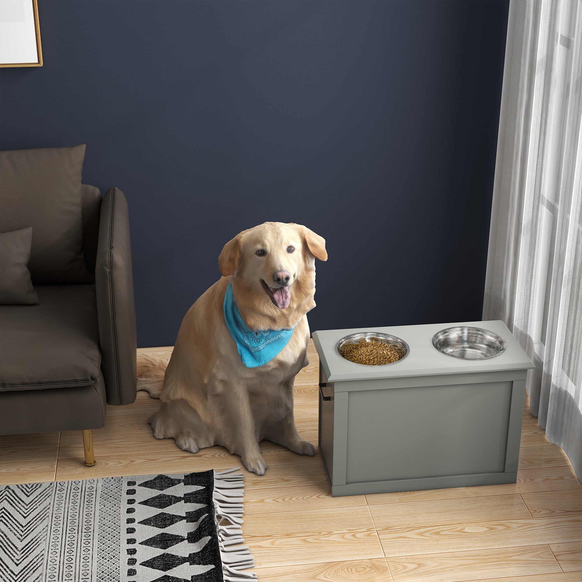 PawHut Elevated Dog Bowls for Large Dogs with Storage Dog Pet Diner Function 2 Stainless Steel Dog Bowls Elevated Base for Big-sized Dogs and Other Large Pets, Grey