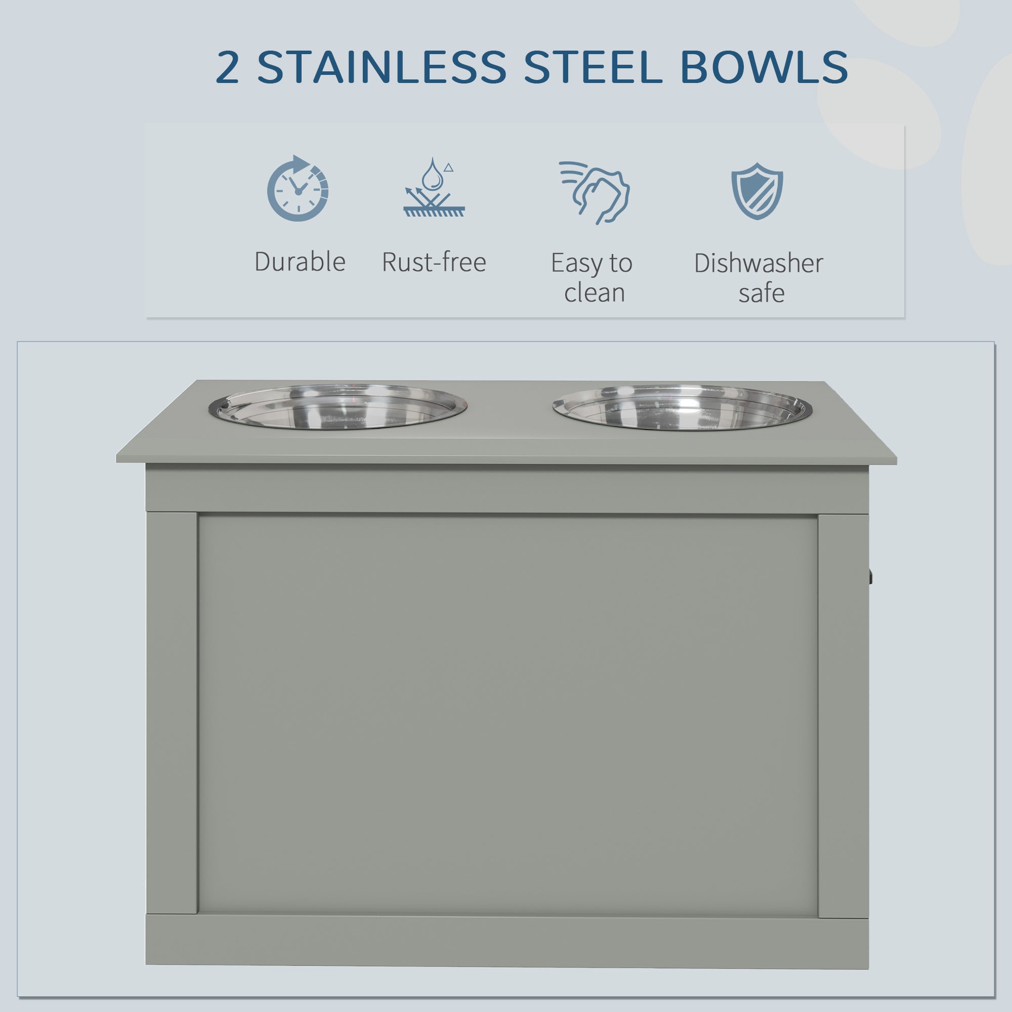 PawHut Elevated Dog Bowls for Large Dogs with Storage Dog Pet Diner Function 2 Stainless Steel Dog Bowls Elevated Base for Big-sized Dogs and Other Large Pets, Grey