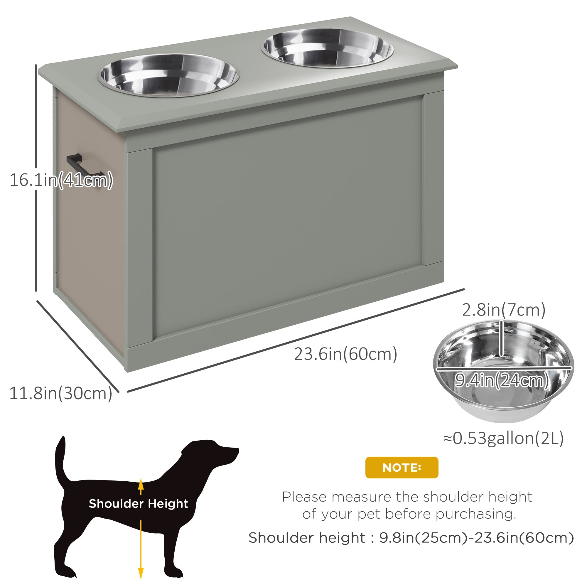 PawHut Elevated Dog Bowls for Large Dogs with Storage Dog Pet Diner Function 2 Stainless Steel Dog Bowls Elevated Base for Big-sized Dogs and Other Large Pets, Grey