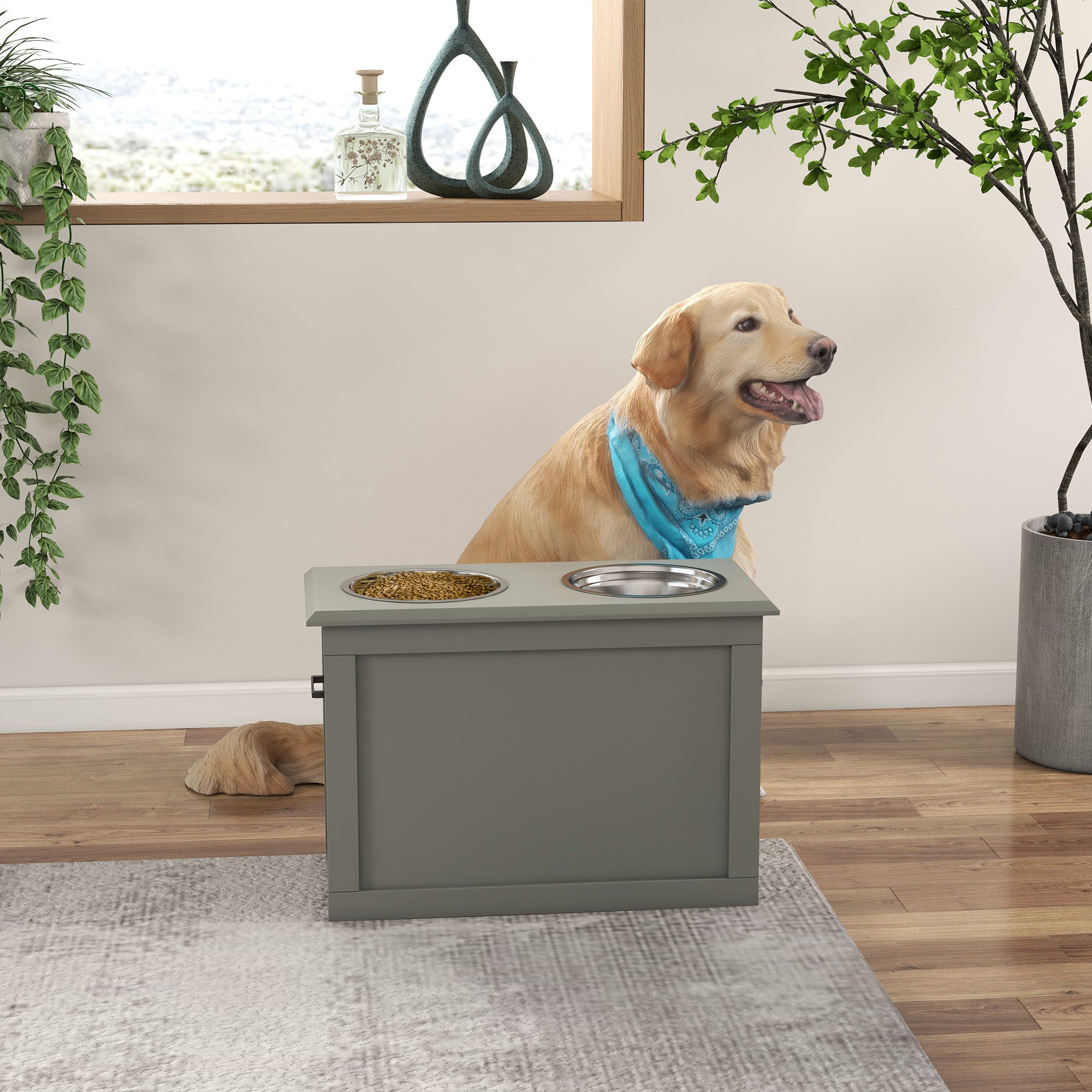 PawHut Raised Dog Bowls, Pet Feeding Storage Station with Two Stainless Steel Bowls, Base, for Large Dogs, Grey