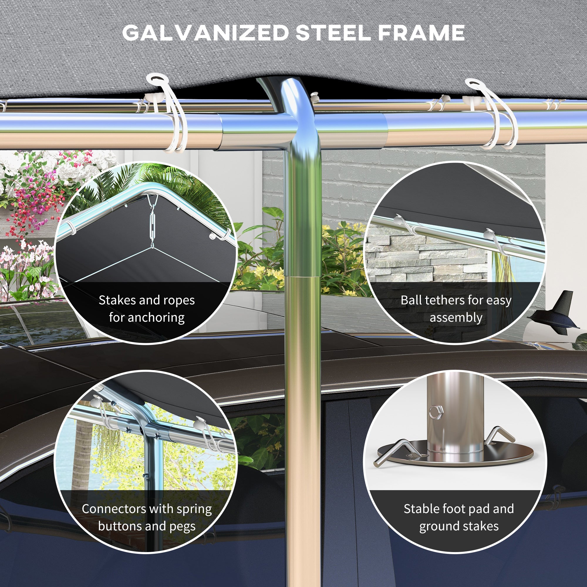Outsunny 10' x 20' Carport Heavy Duty Galvanized Car Canopy with Included Anchor Kit, 3 Reinforced Steel Cables, Grey
