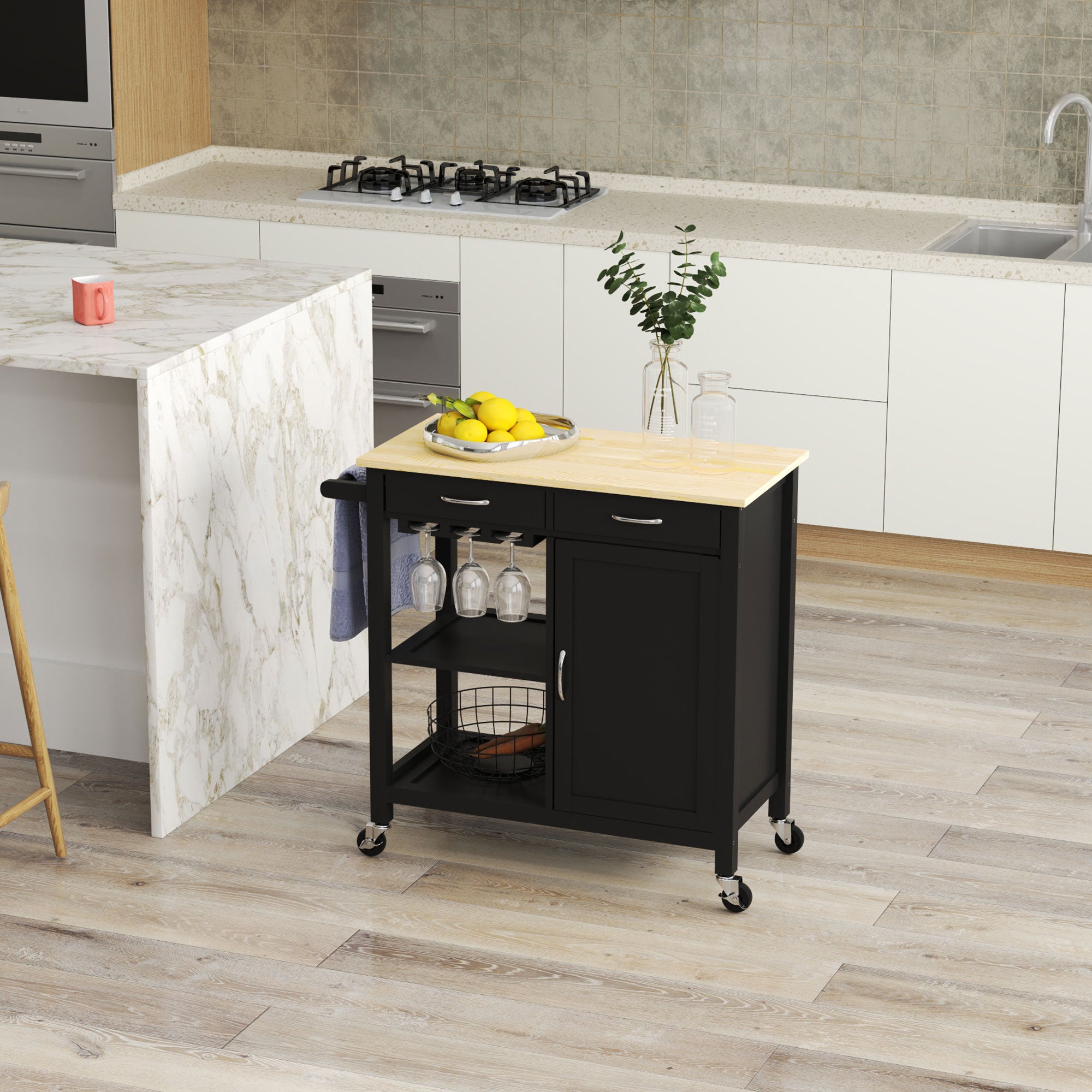 HOMCOM Kitchen Island, Rolling Kitchen Cart with Storage, Bar Cart with 2 Drawers, Storage Cabinet, Open shelves, Wine Glass Rack, Towel Rack, Black