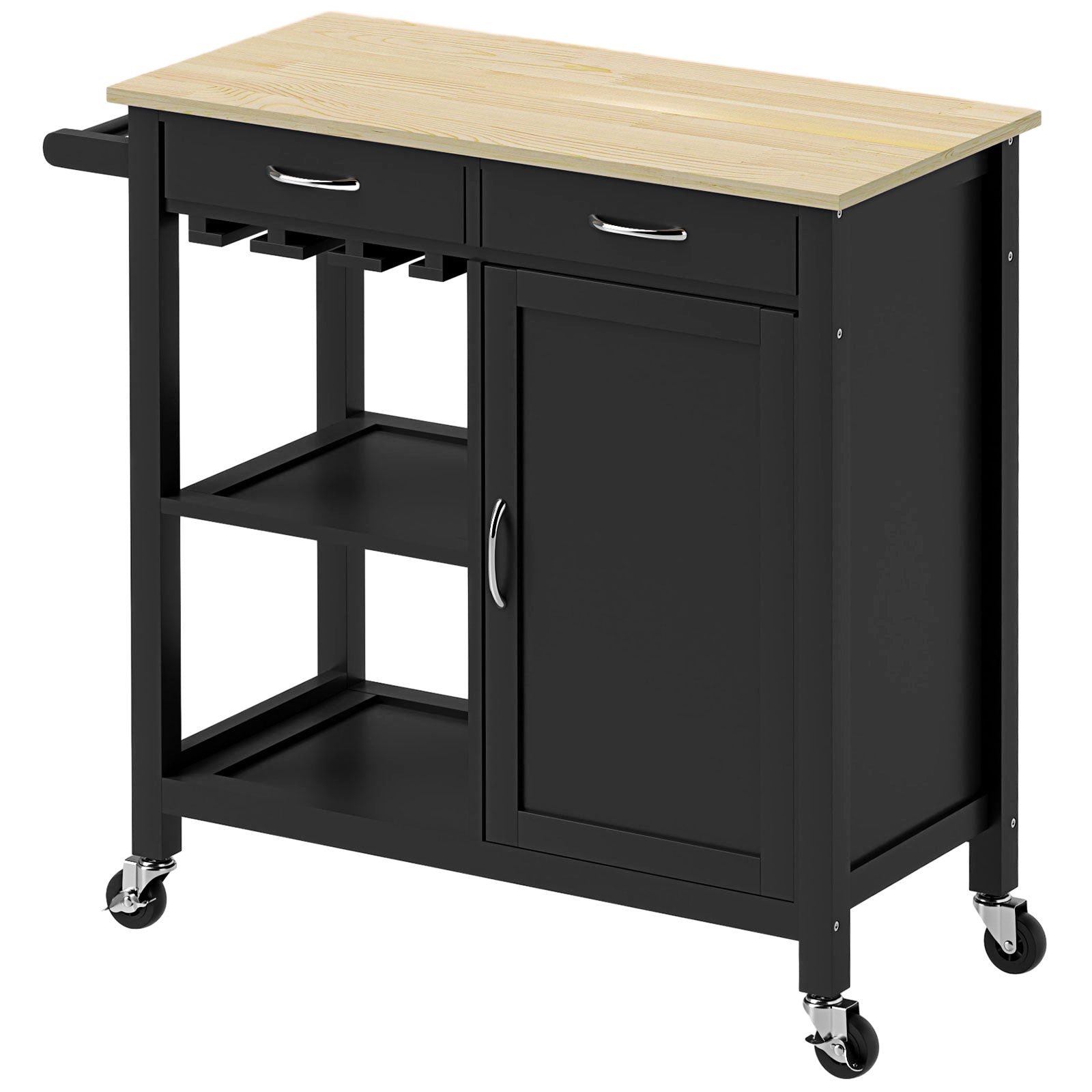 HOMCOM Kitchen Island, Rolling Kitchen Cart with Storage, Bar Cart with 2 Drawers, Storage Cabinet, Open shelves, Wine Glass Rack, Towel Rack, Black