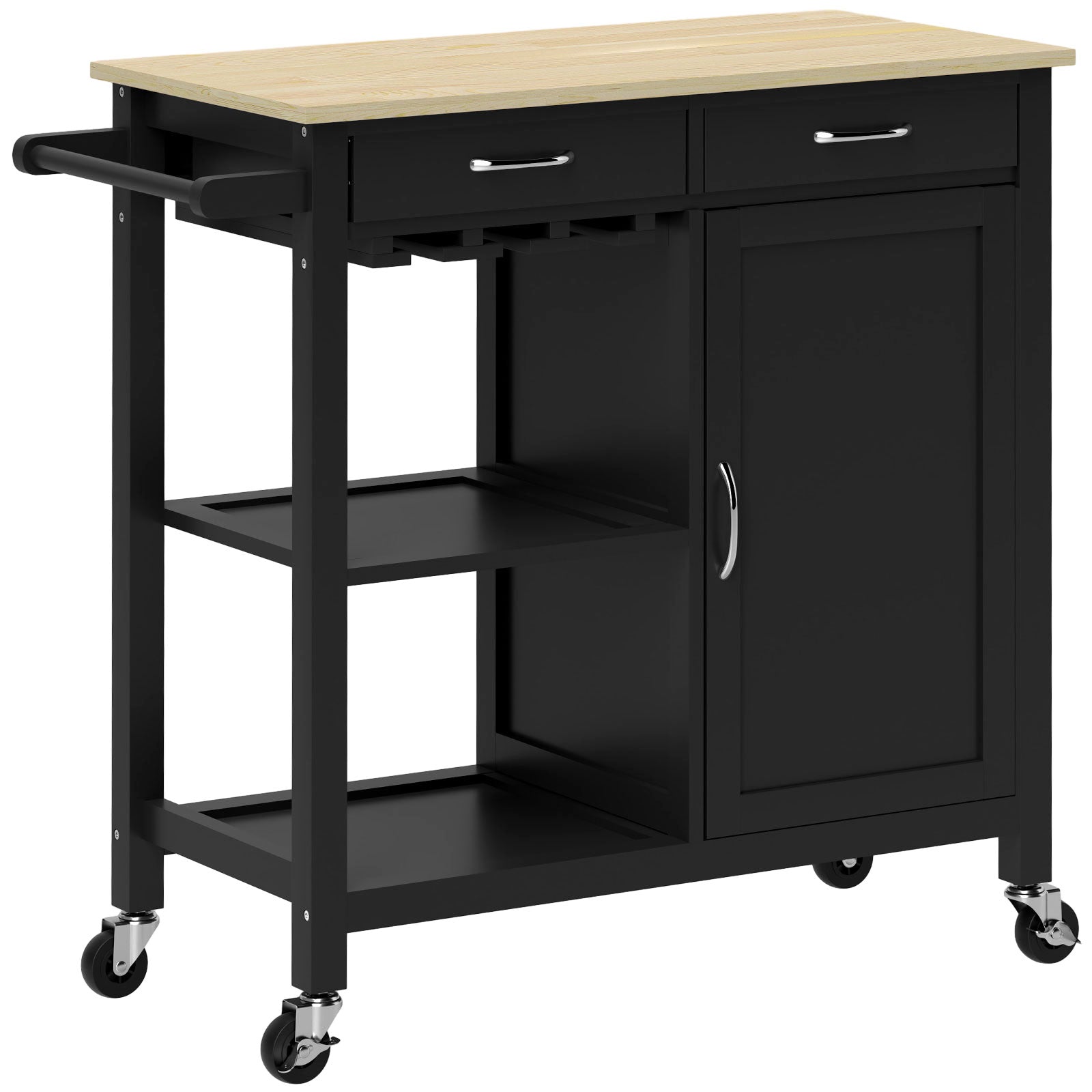HOMCOM Kitchen Island, Rolling Kitchen Cart with Storage, Bar Cart with 2 Drawers, Storage Cabinet, Open shelves, Wine Glass Rack, Towel Rack, Black