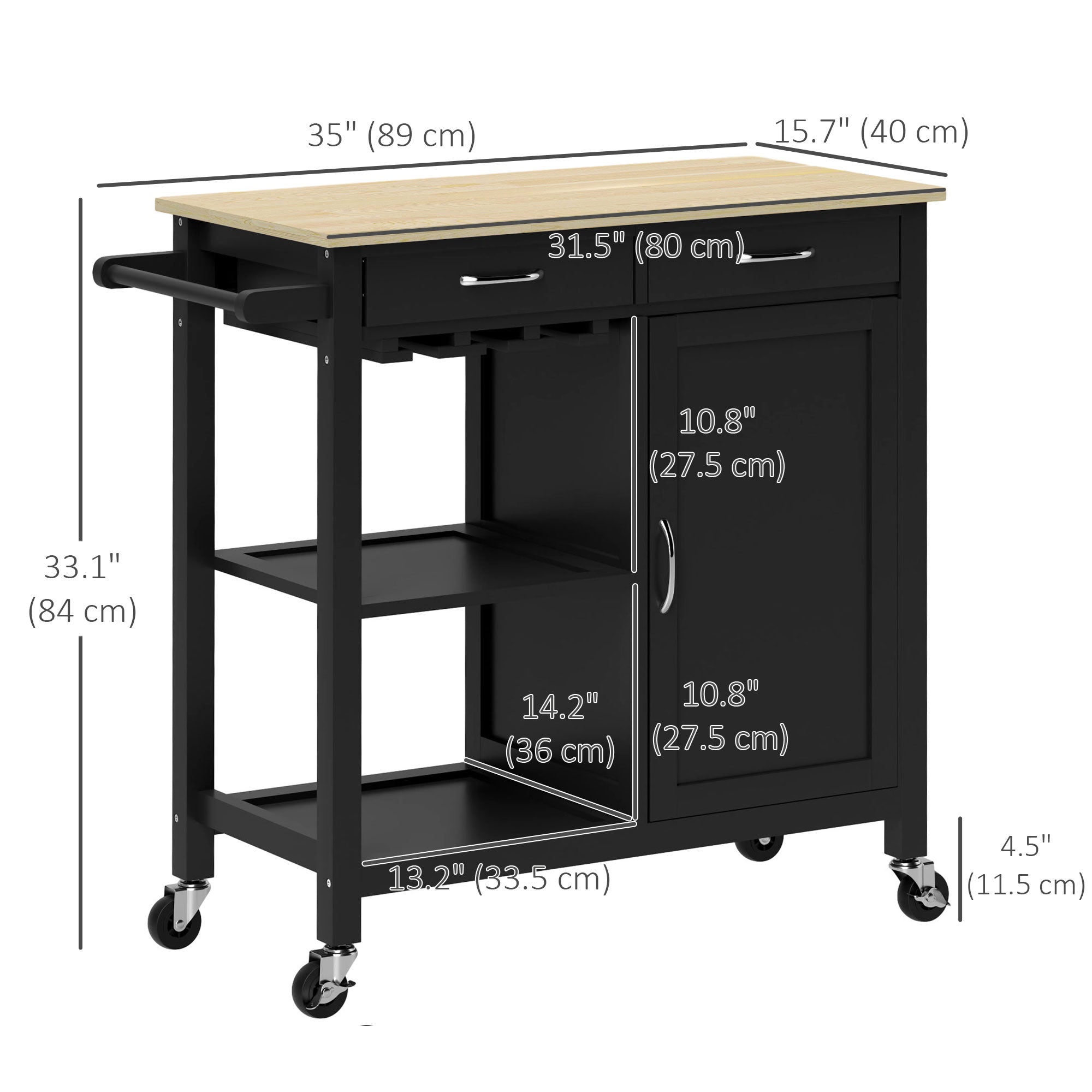 HOMCOM Kitchen Island, Rolling Kitchen Cart with Storage, Bar Cart with 2 Drawers, Storage Cabinet, Open shelves, Wine Glass Rack, Towel Rack, Black