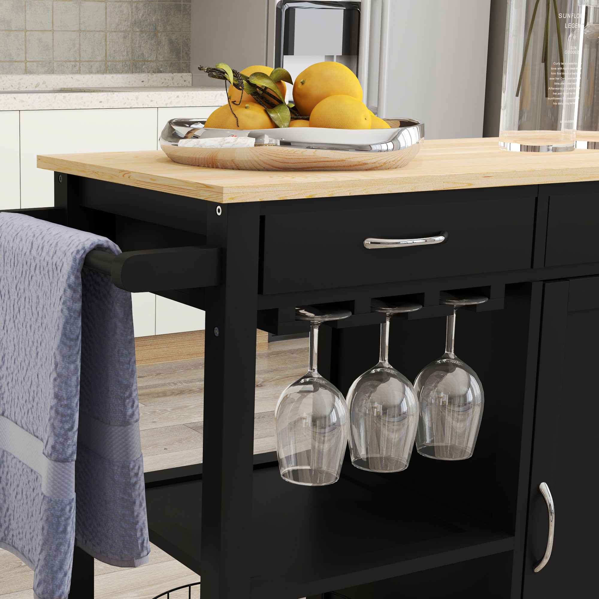 HOMCOM Kitchen Island, Rolling Kitchen Cart with Storage, Bar Cart with 2 Drawers, Storage Cabinet, Open shelves, Wine Glass Rack, Towel Rack, Black
