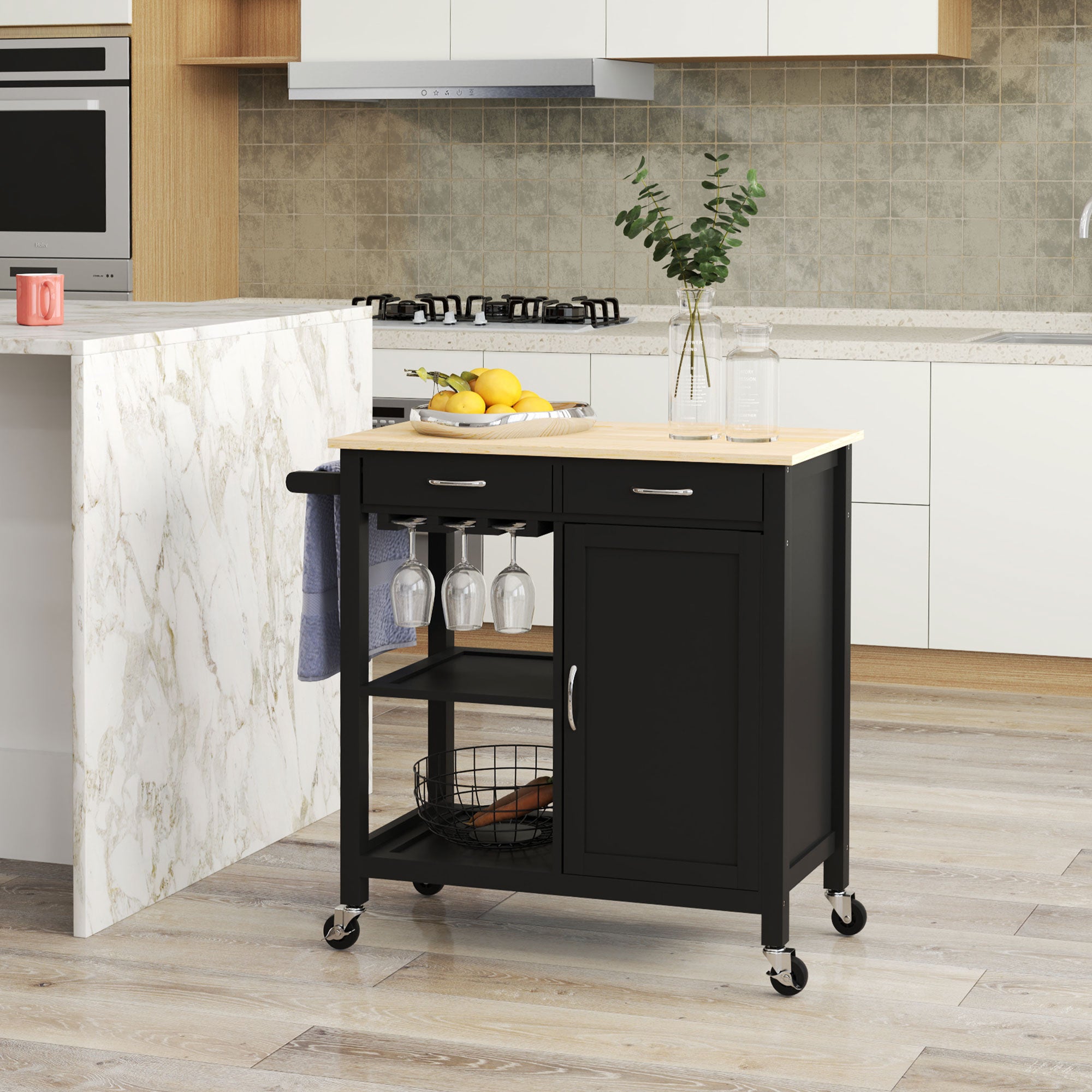 HOMCOM Kitchen Island, Rolling Kitchen Cart with Storage, Bar Cart with 2 Drawers, Storage Cabinet, Open shelves, Wine Glass Rack, Towel Rack, Black