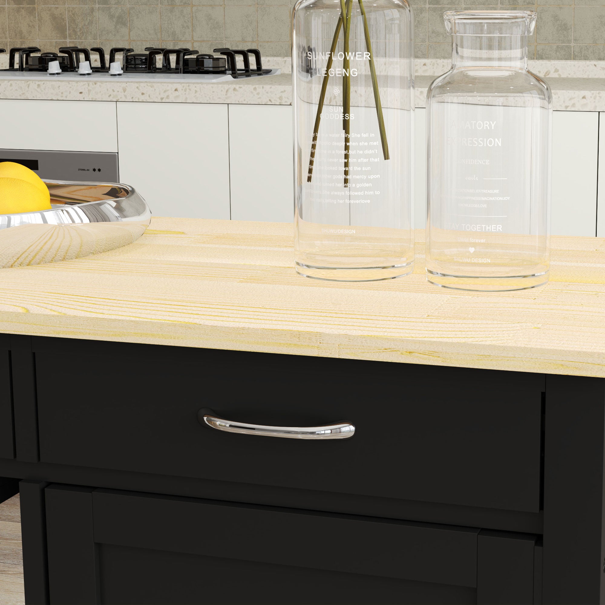 HOMCOM Kitchen Island, Rolling Kitchen Cart with Storage, Bar Cart with 2 Drawers, Storage Cabinet, Open shelves, Wine Glass Rack, Towel Rack, Black