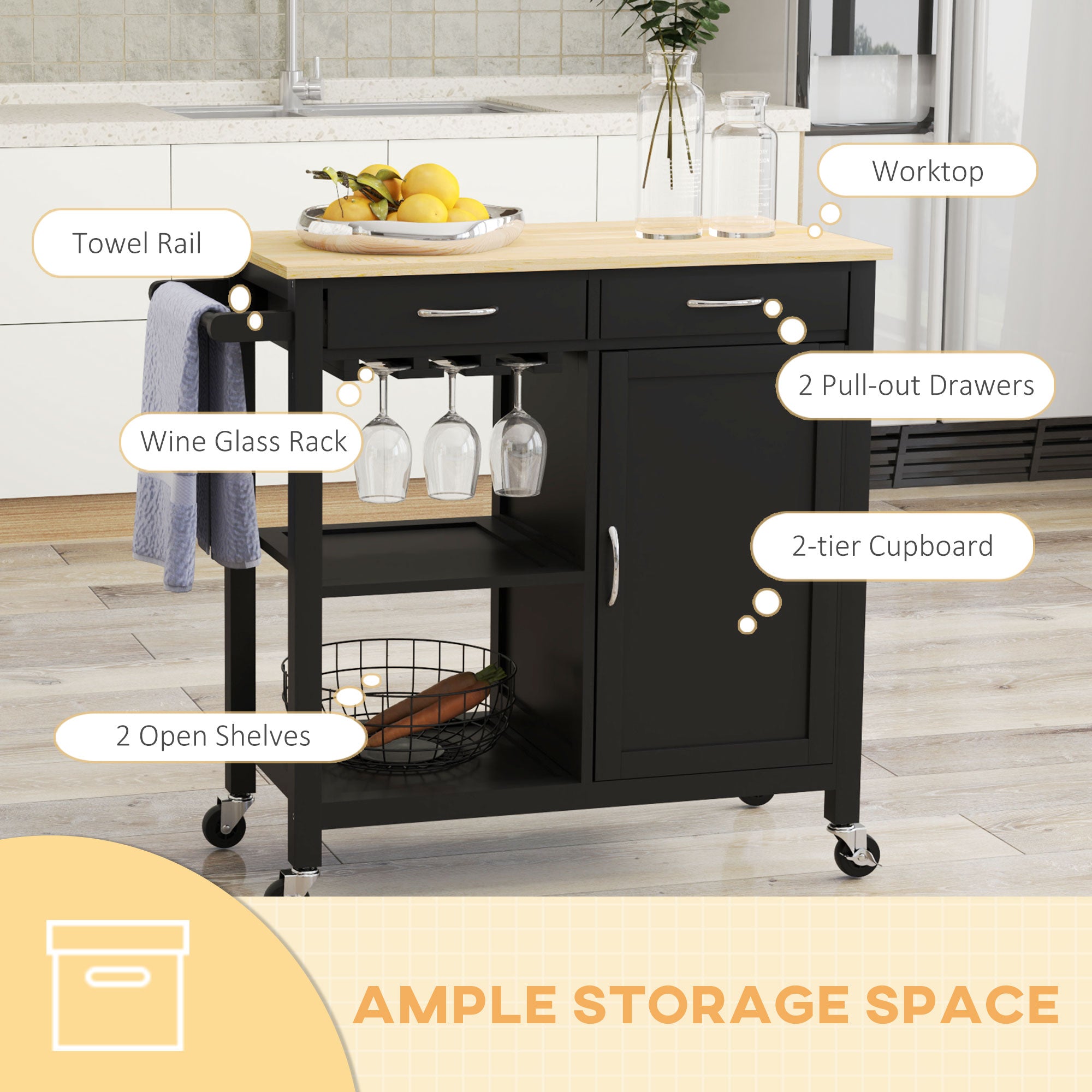 HOMCOM Kitchen Island, Rolling Kitchen Cart with Storage, Bar Cart with 2 Drawers, Storage Cabinet, Open shelves, Wine Glass Rack, Towel Rack, Black