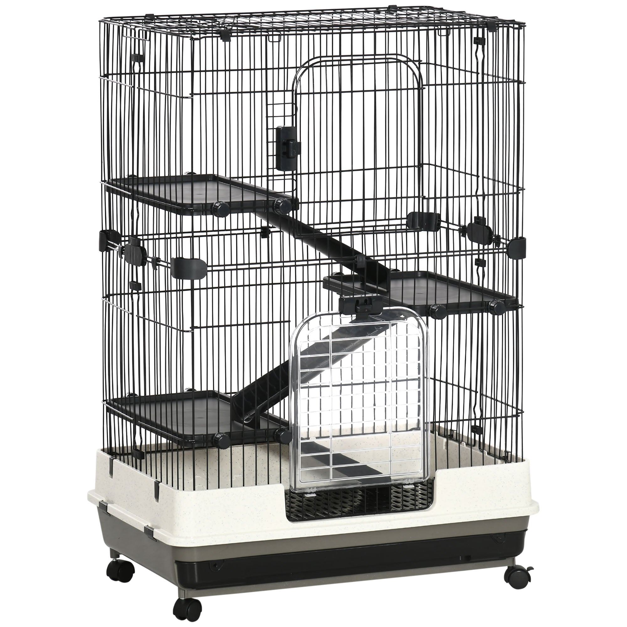 PawHut 4-Level Small Animal Cage, Indoor Bunny House, for Ferrets, Chinchillas w/ Wheels, Slide-Out Tray, Black, 81 x 52.5 x 114 cm
