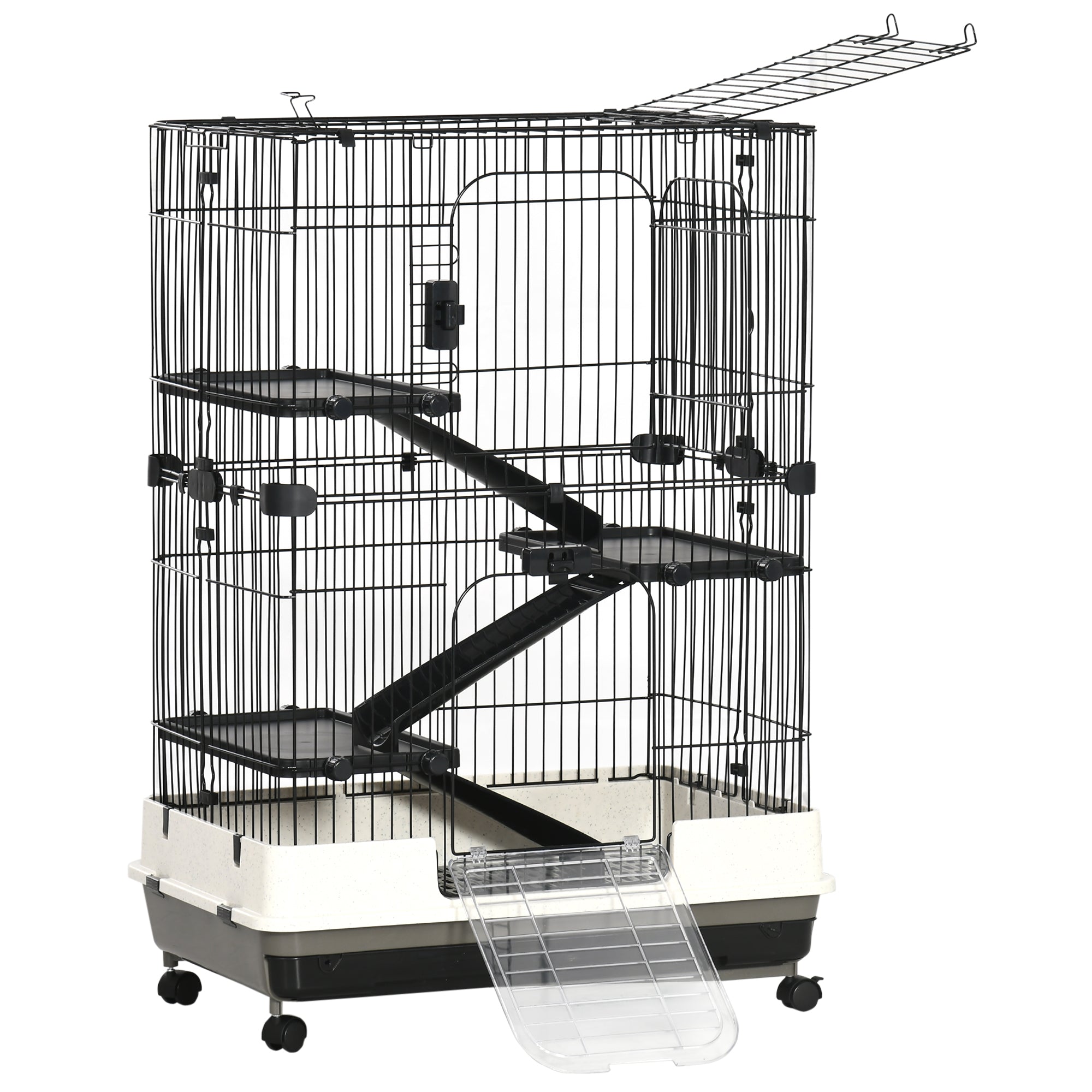 PawHut 4-Level Small Animal Cage, Indoor Bunny House, for Ferrets, Chinchillas w/ Wheels, Slide-Out Tray, Black, 81 x 52.5 x 114 cm