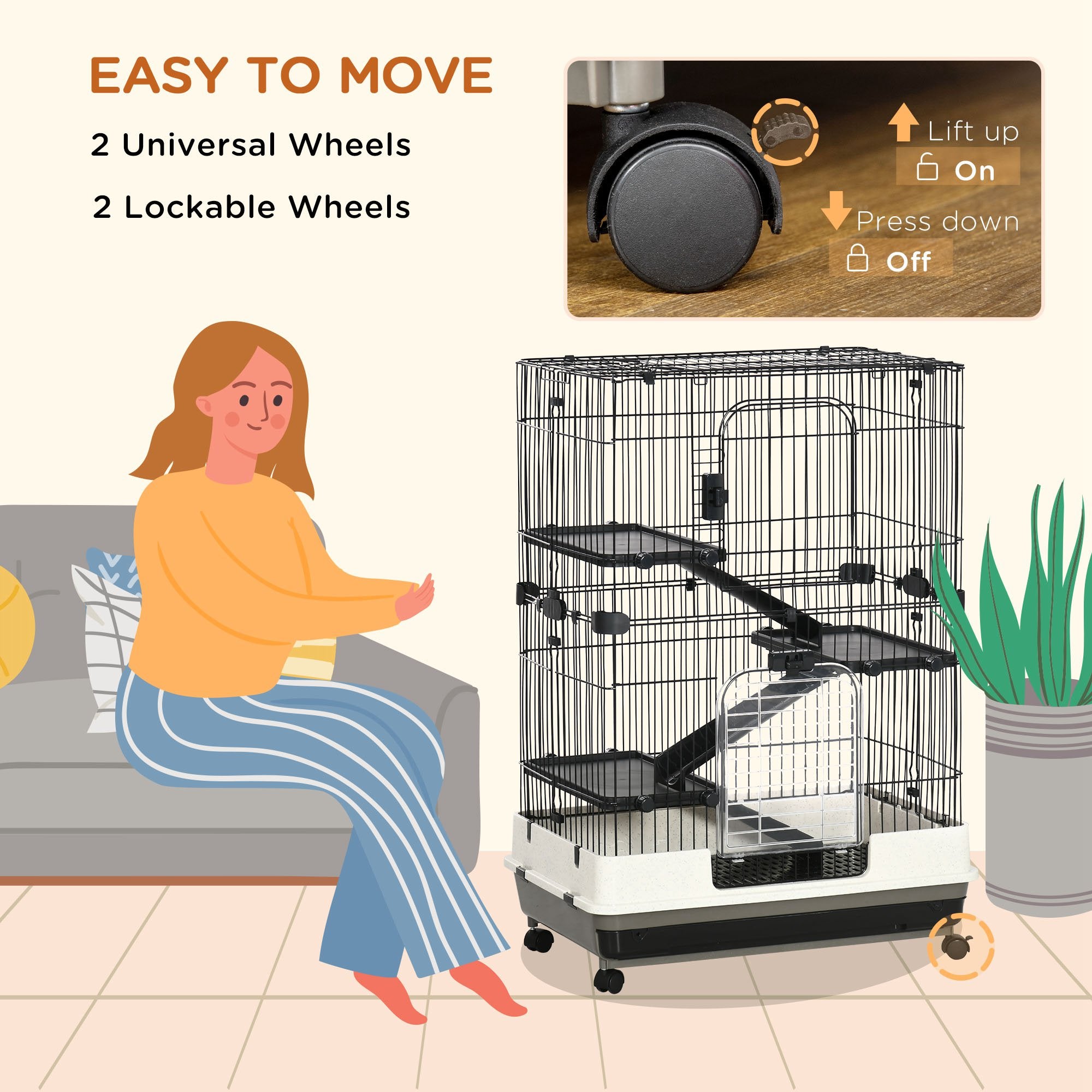 PawHut 4-Level Small Animal Cage, Indoor Bunny House, for Ferrets, Chinchillas w/ Wheels, Slide-Out Tray, Black, 81 x 52.5 x 114 cm