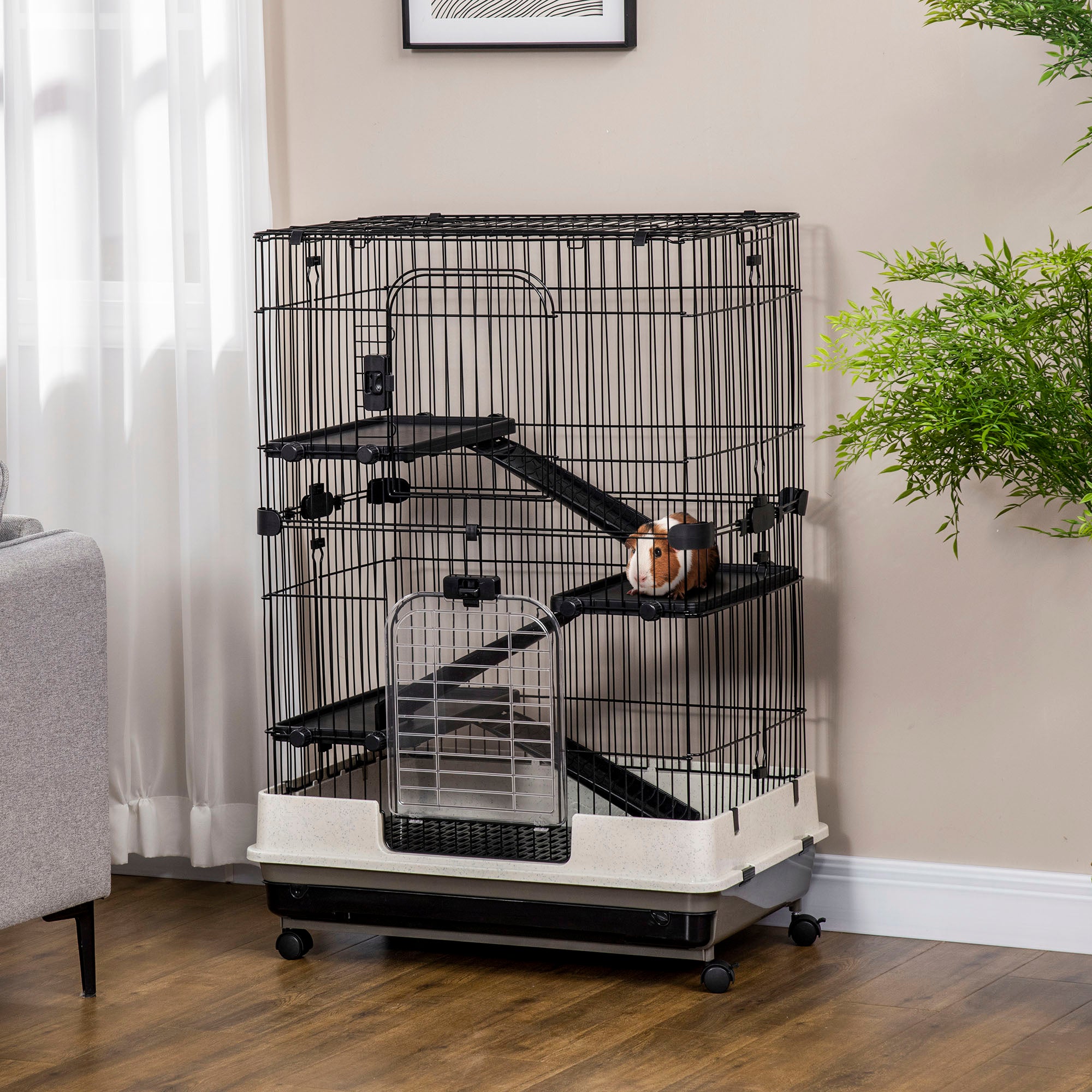 PawHut 4-Level Small Animal Cage, Indoor Bunny House, for Ferrets, Chinchillas w/ Wheels, Slide-Out Tray, Black, 81 x 52.5 x 114 cm