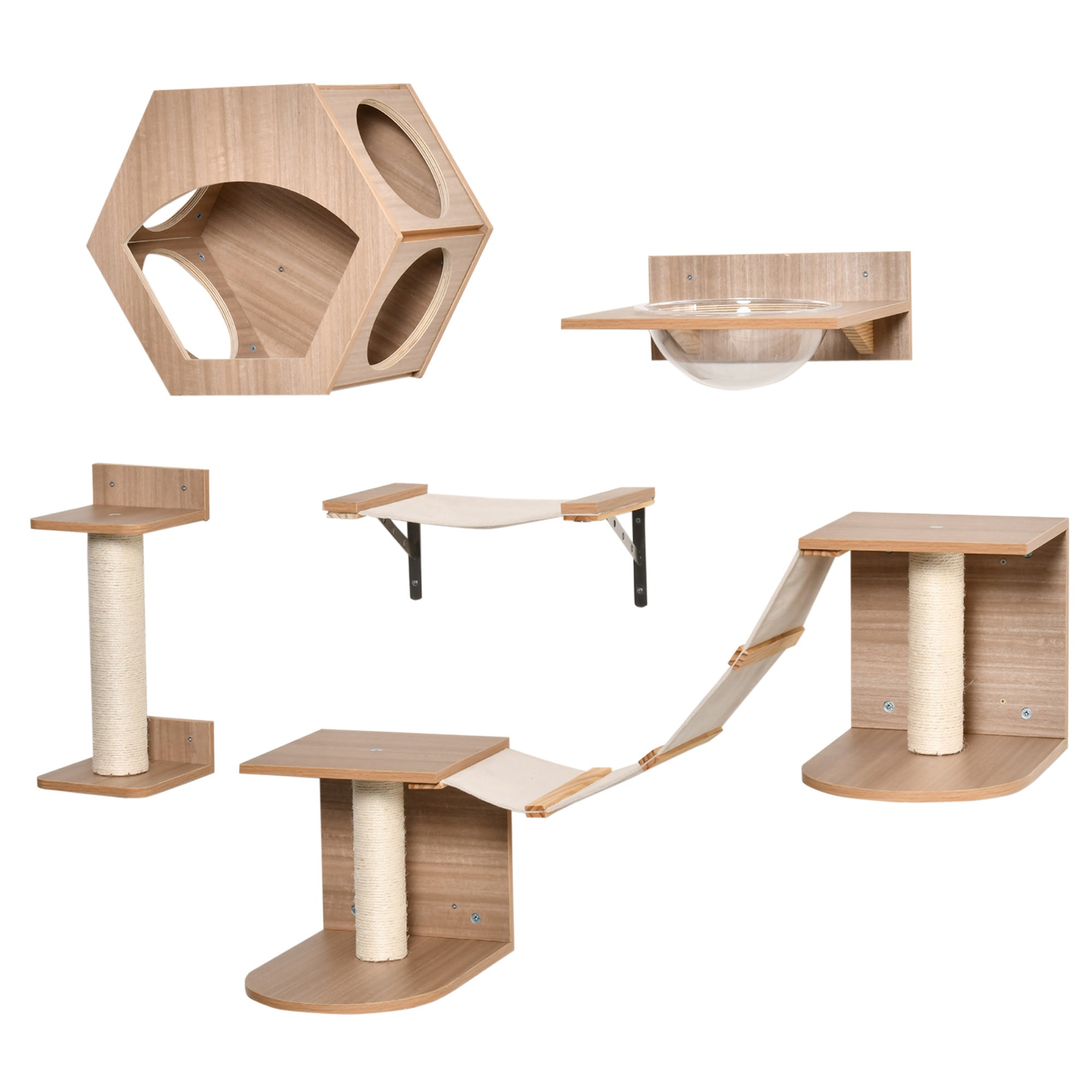 PawHut Cat Tree 5PCs Pet Wall-mounted Climbing Frame Shelf Set Kitten Perch Activity Center with Hammock, Scratching Post, Jumping Platform, Condo Light Brown