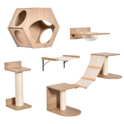 PawHut Cat Tree 5PCs Pet Wall-mounted Climbing Frame Shelf Set Kitten Perch Activity Center with Hammock, Scratching Post, Jumping Platform, Condo Light Brown
