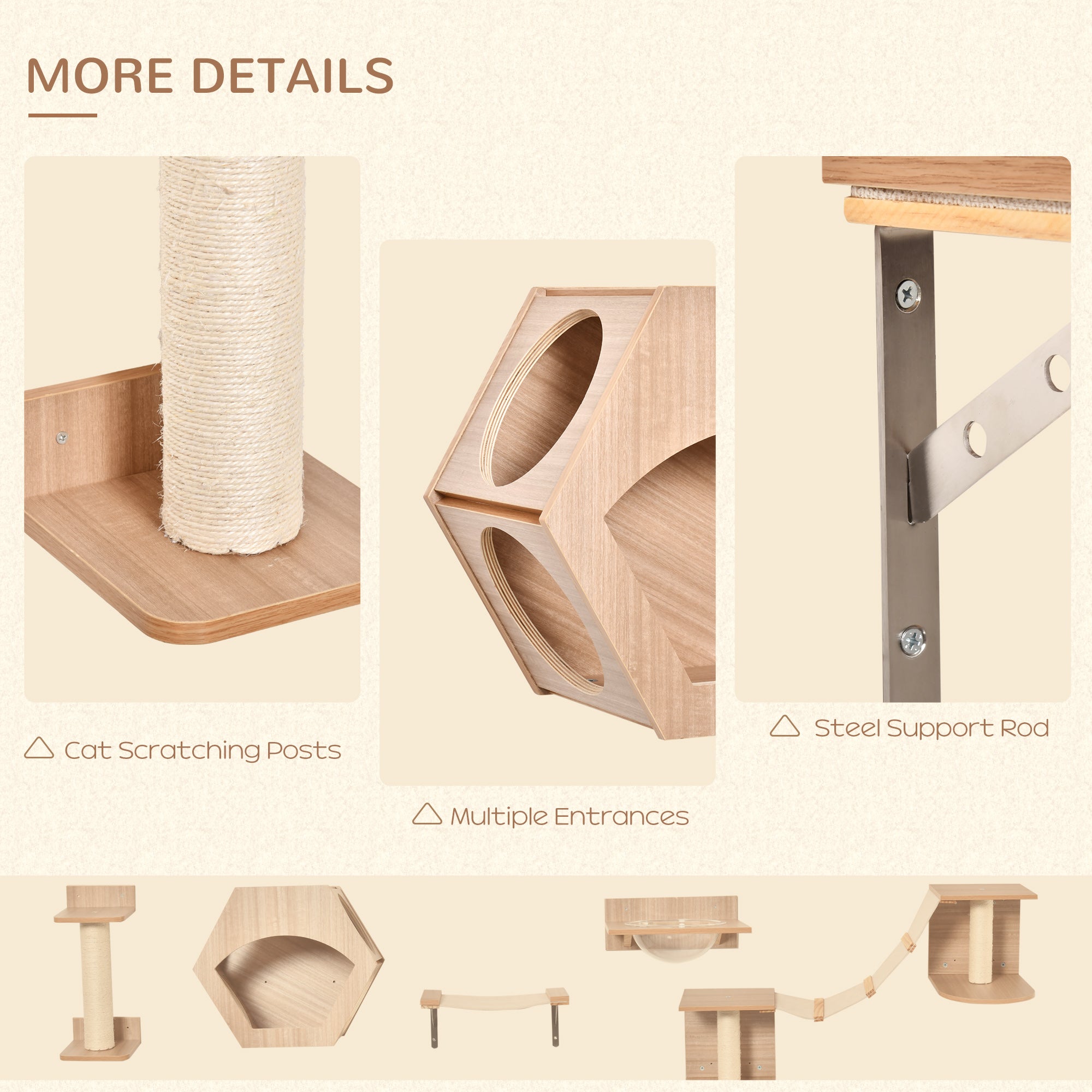 PawHut Cat Tree 5PCs Pet Wall-mounted Climbing Frame Shelf Set Kitten Perch Activity Center with Hammock, Scratching Post, Jumping Platform, Condo Light Brown
