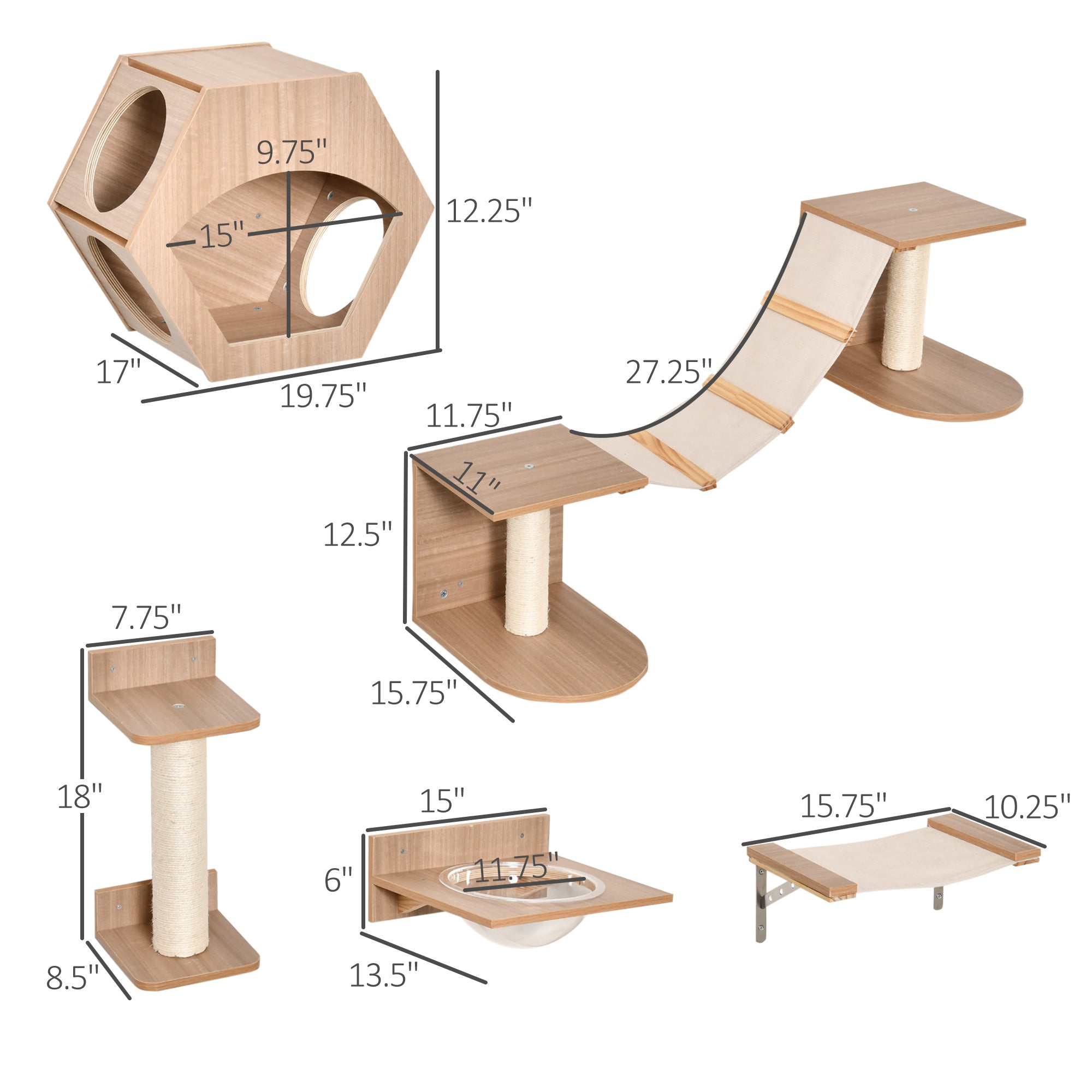 PawHut Cat Tree 5PCs Pet Wall-mounted Climbing Frame Shelf Set Kitten Perch Activity Center with Hammock, Scratching Post, Jumping Platform, Condo Light Brown